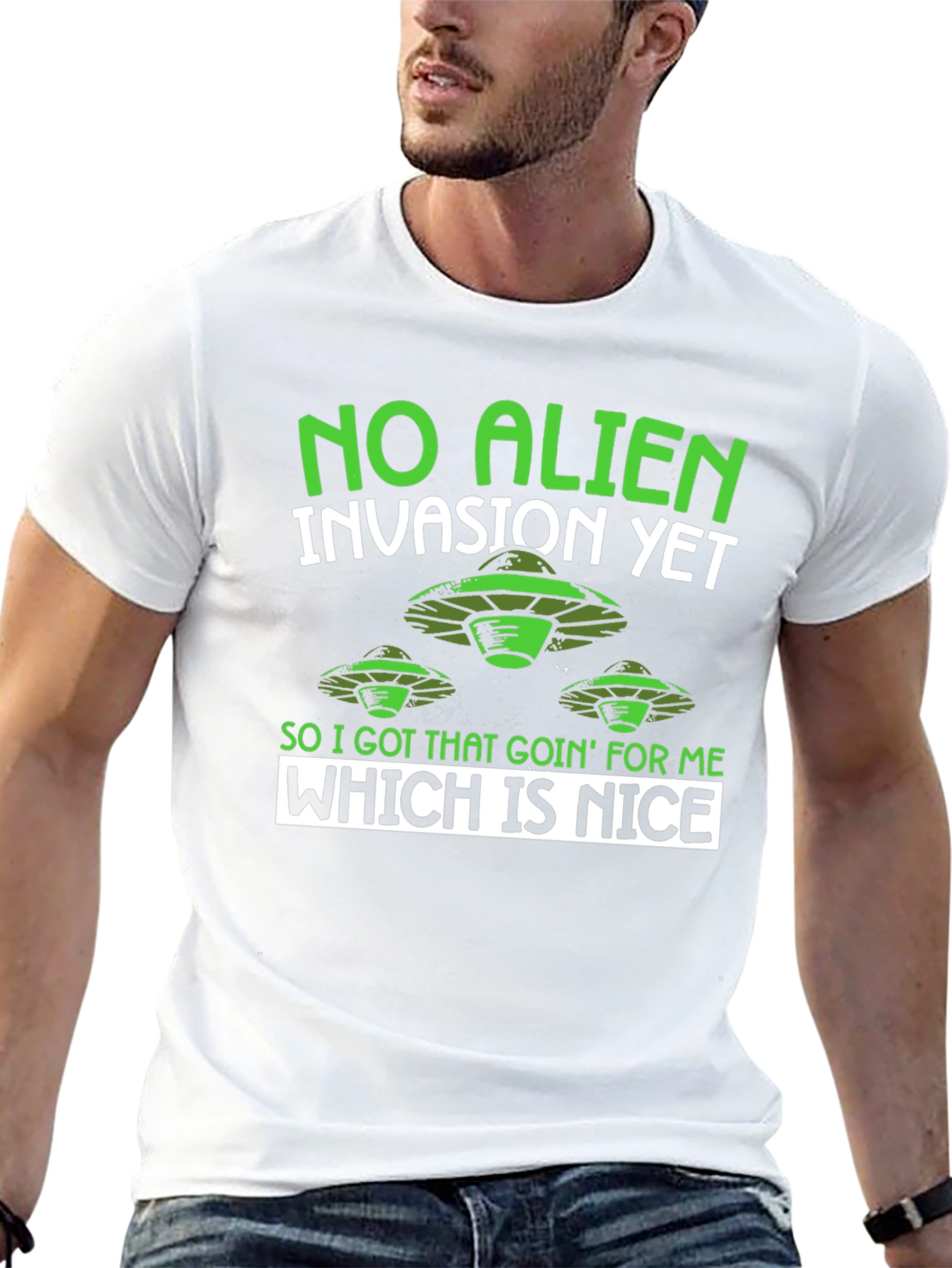 Black No Alien Invasion Humor Graphic T-Shirt view 13