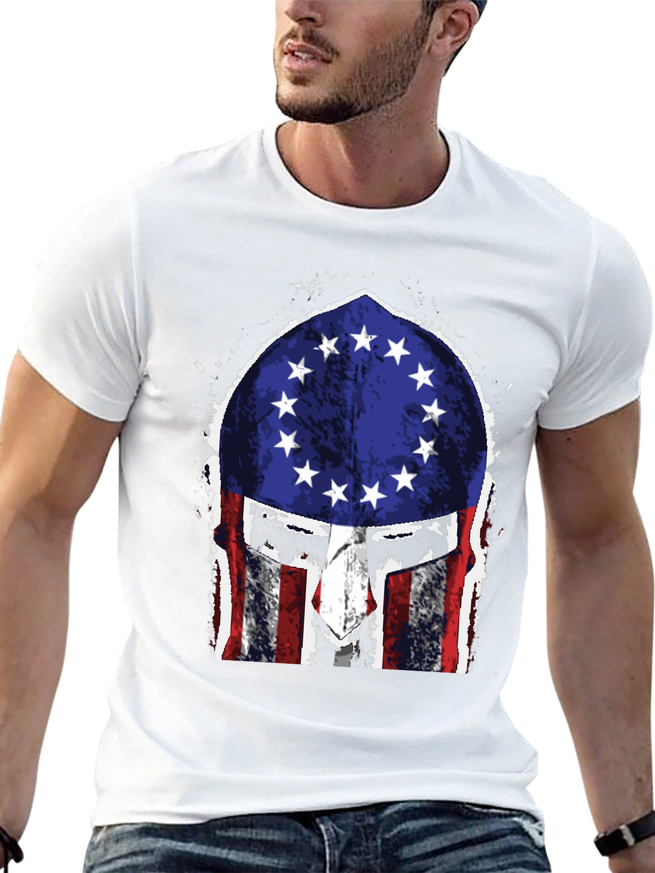 Black American Flag Spartan Helmet T-Shirt view 13