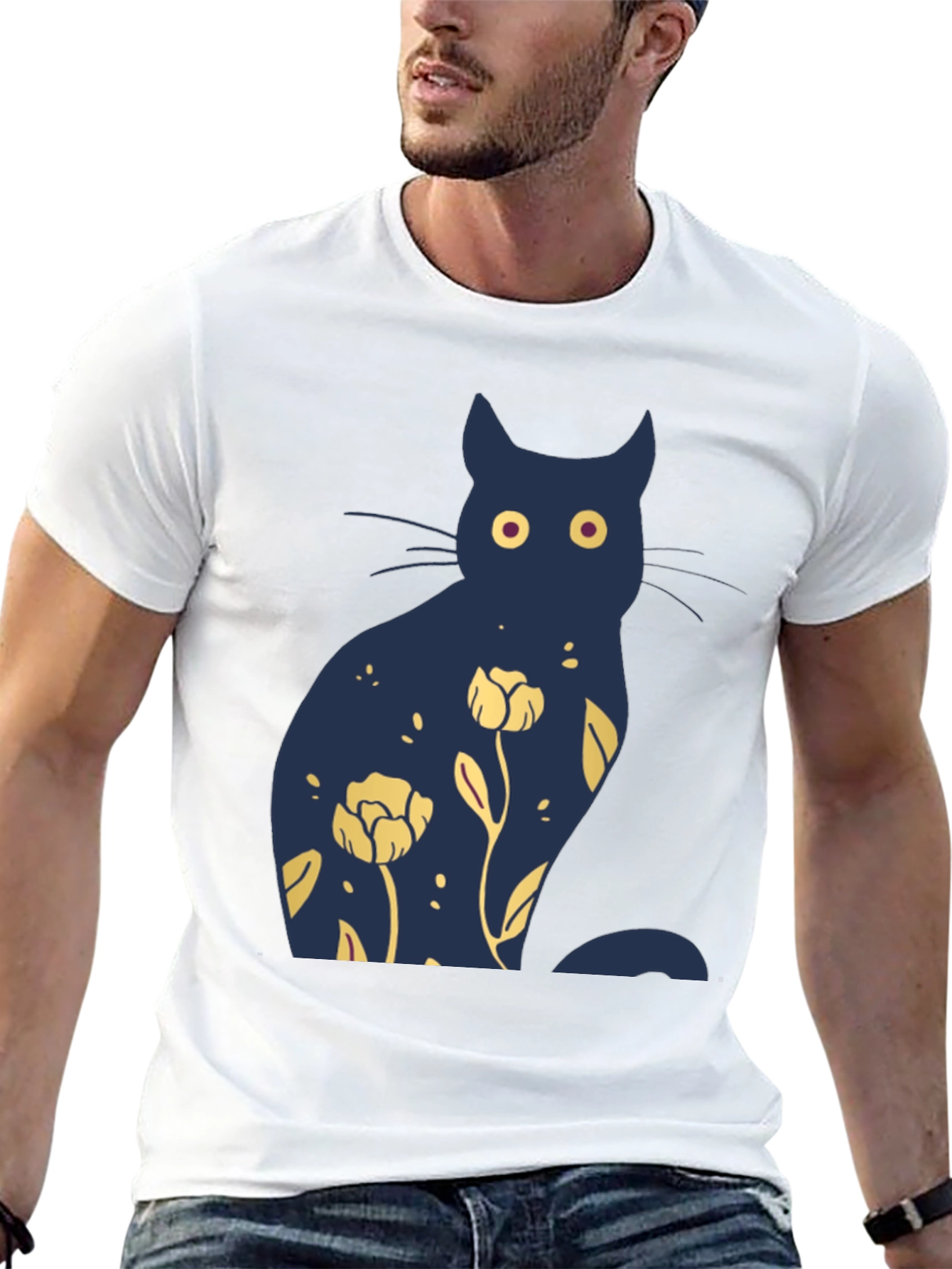 Black Floral Cat Graphic Tee - Unique Design view 13