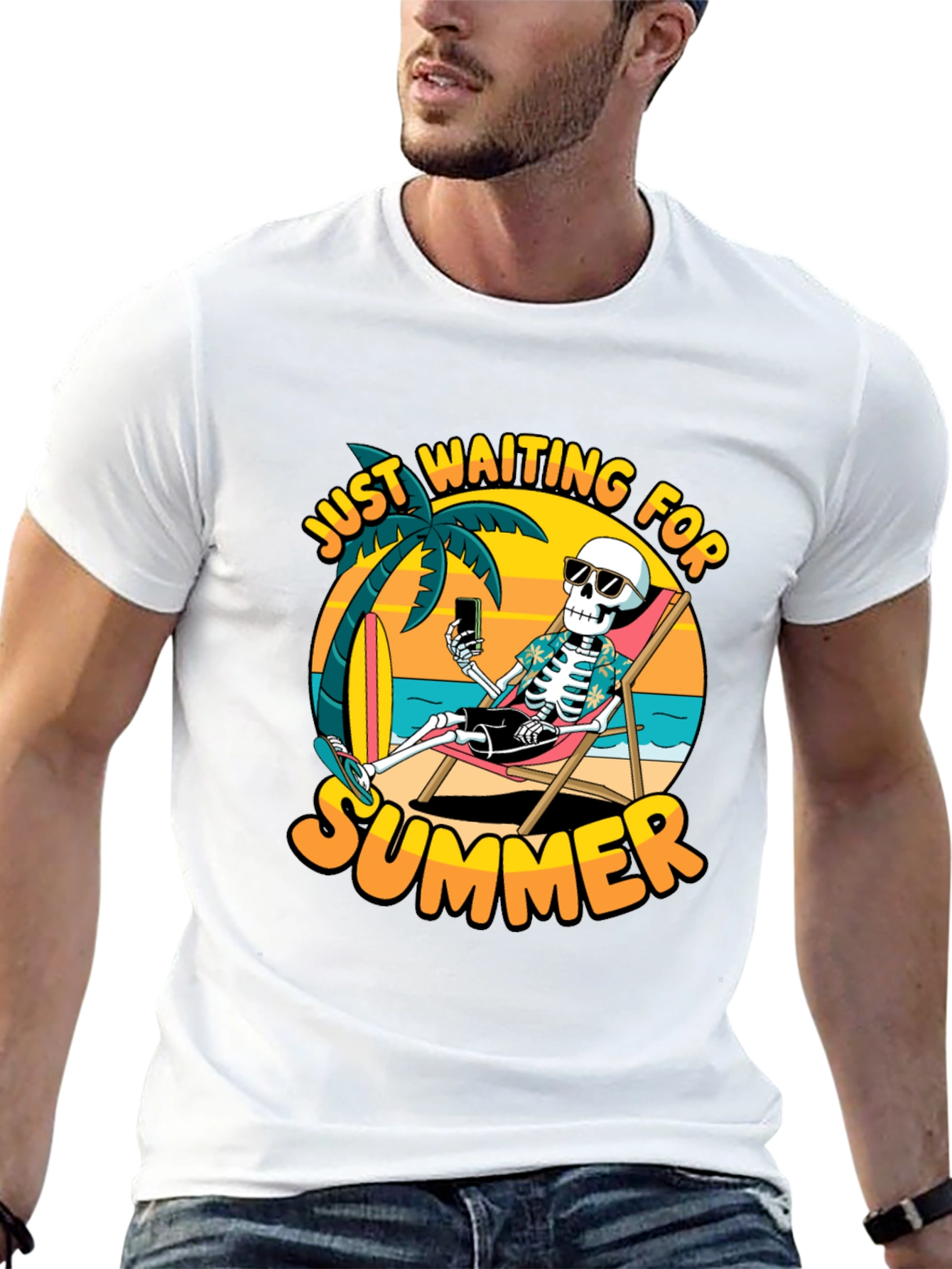 Black Just Waiting For Summer T-Shirt - Skeleton Beach Design view 13