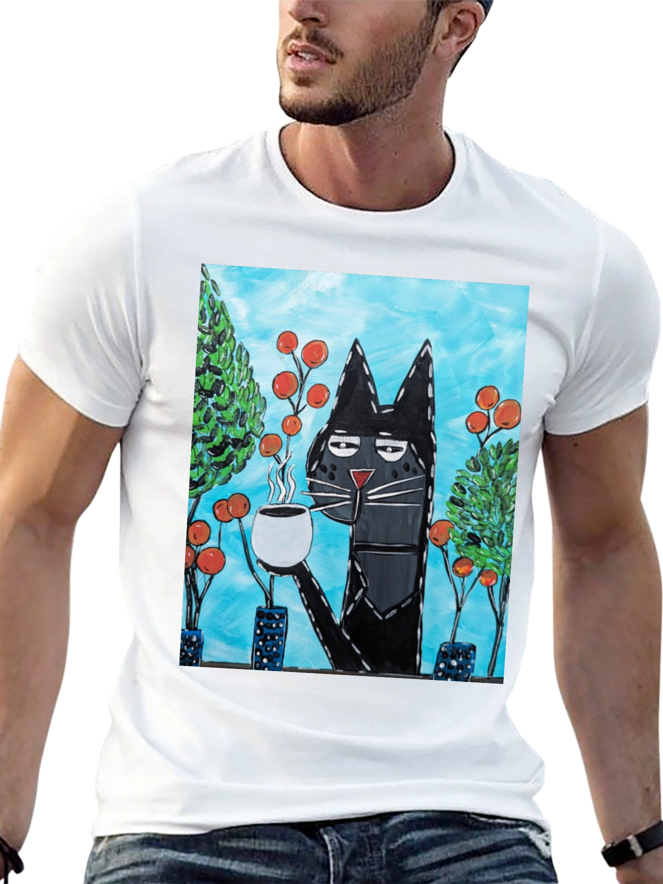 Black Cool Cat Sipping Coffee T-Shirt view 13
