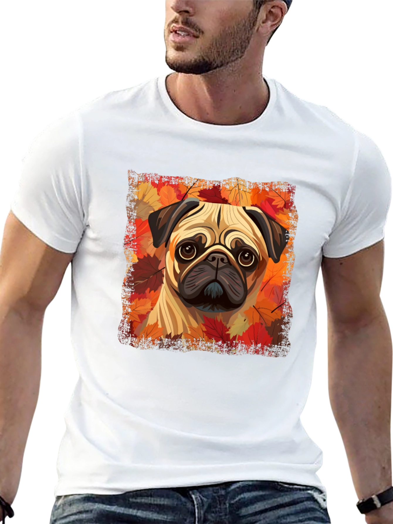 Black Pug in Autumn Leaves Graphic T-Shirt view 13