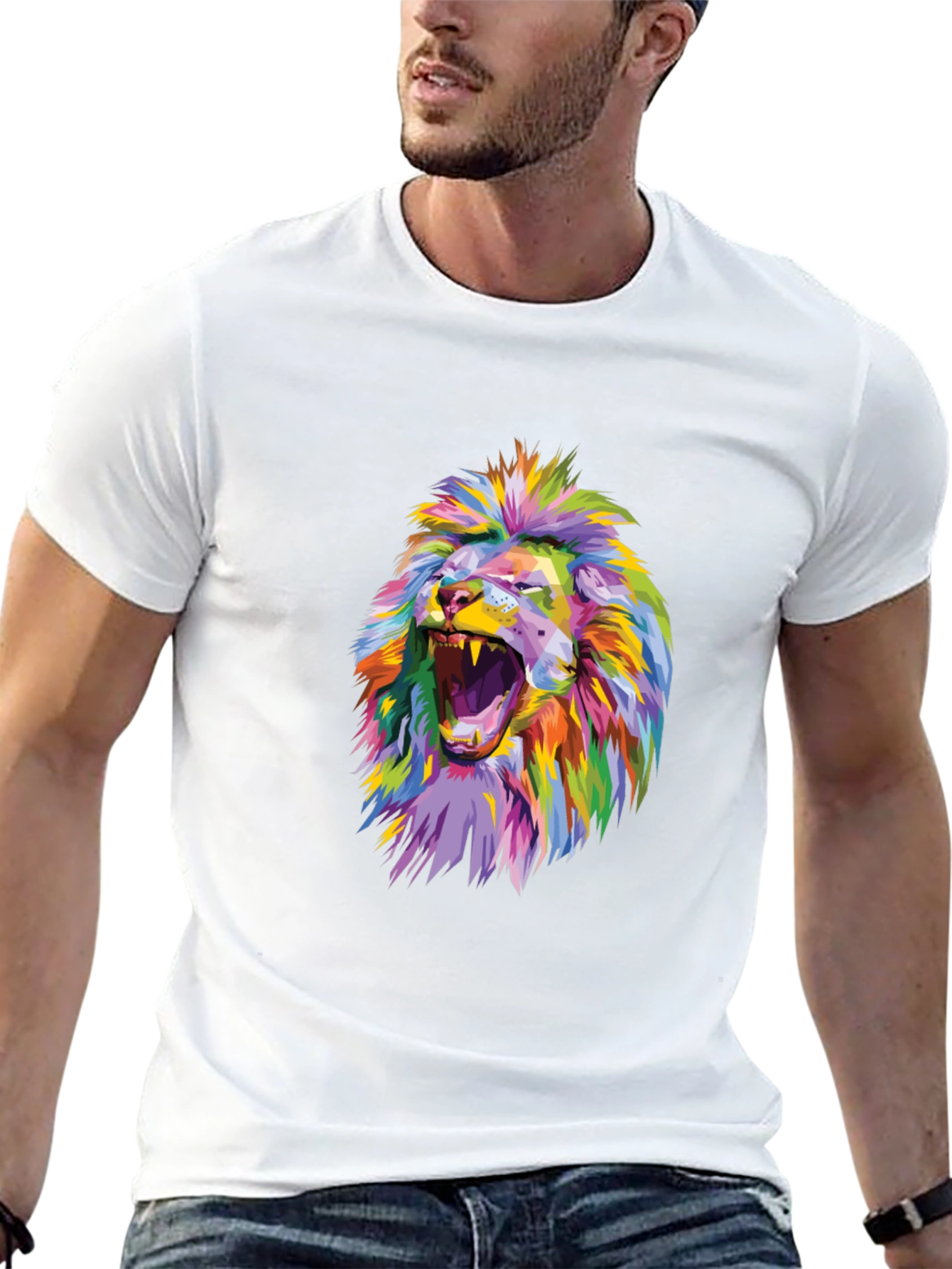Black Colorful Lion Graphic Print Black T-Shirt view 13