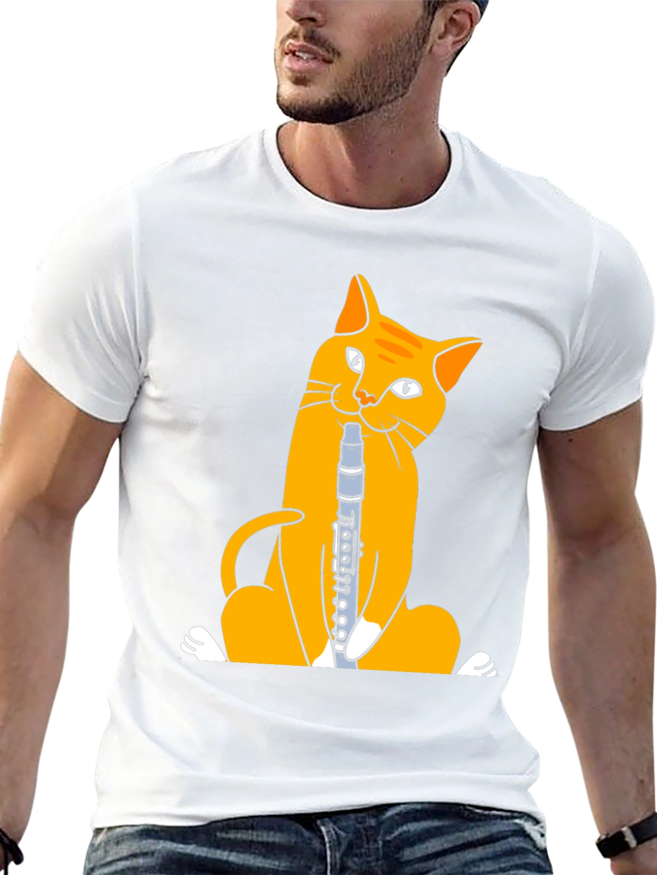 Black Cat Playing Clarinet T-Shirt - Black Cotton Tee view 13
