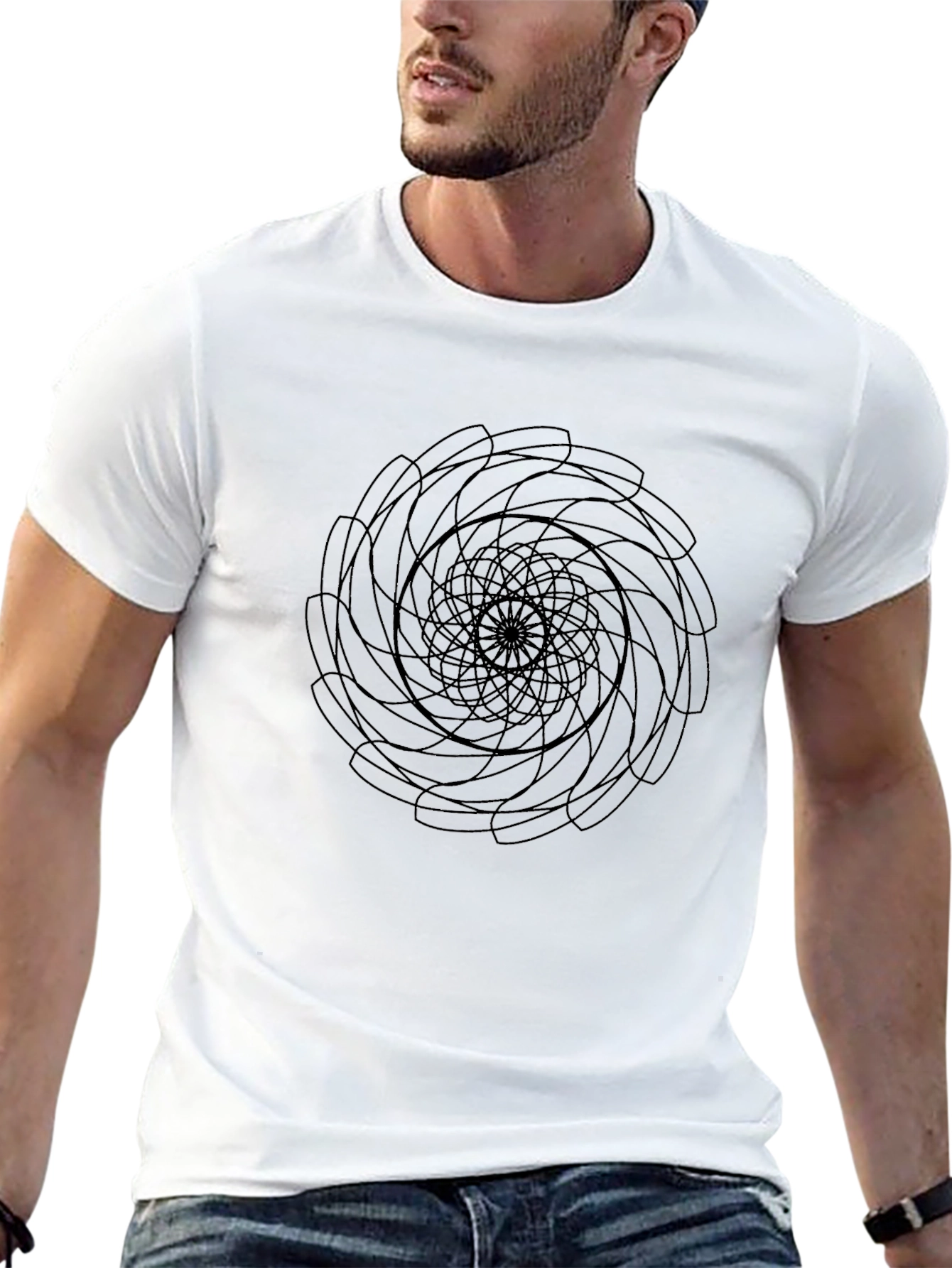 Black Spiral Graphic Print Men's Black T-Shirt view 13
