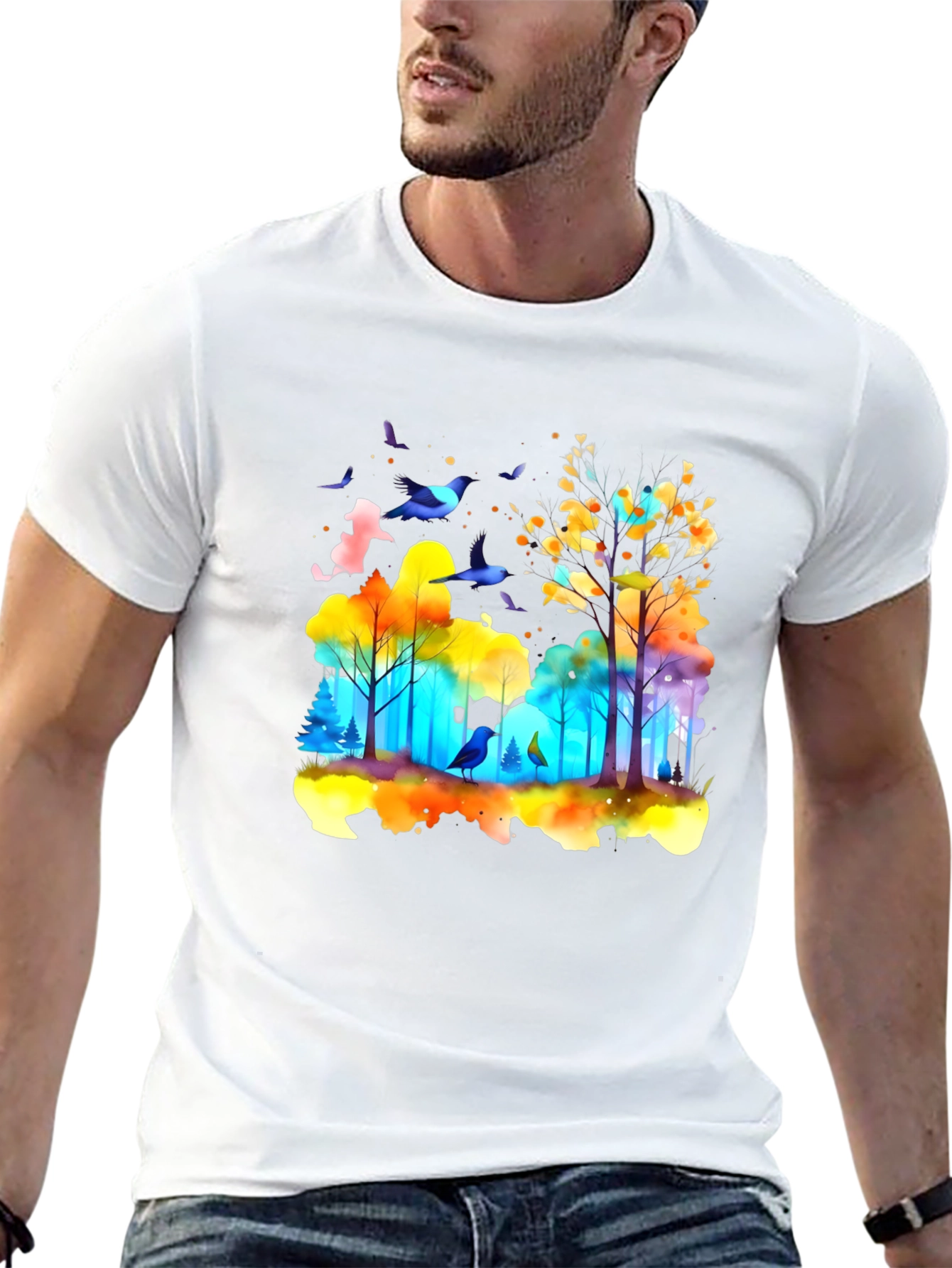 Black Watercolor Forest Birds T-Shirt view 13