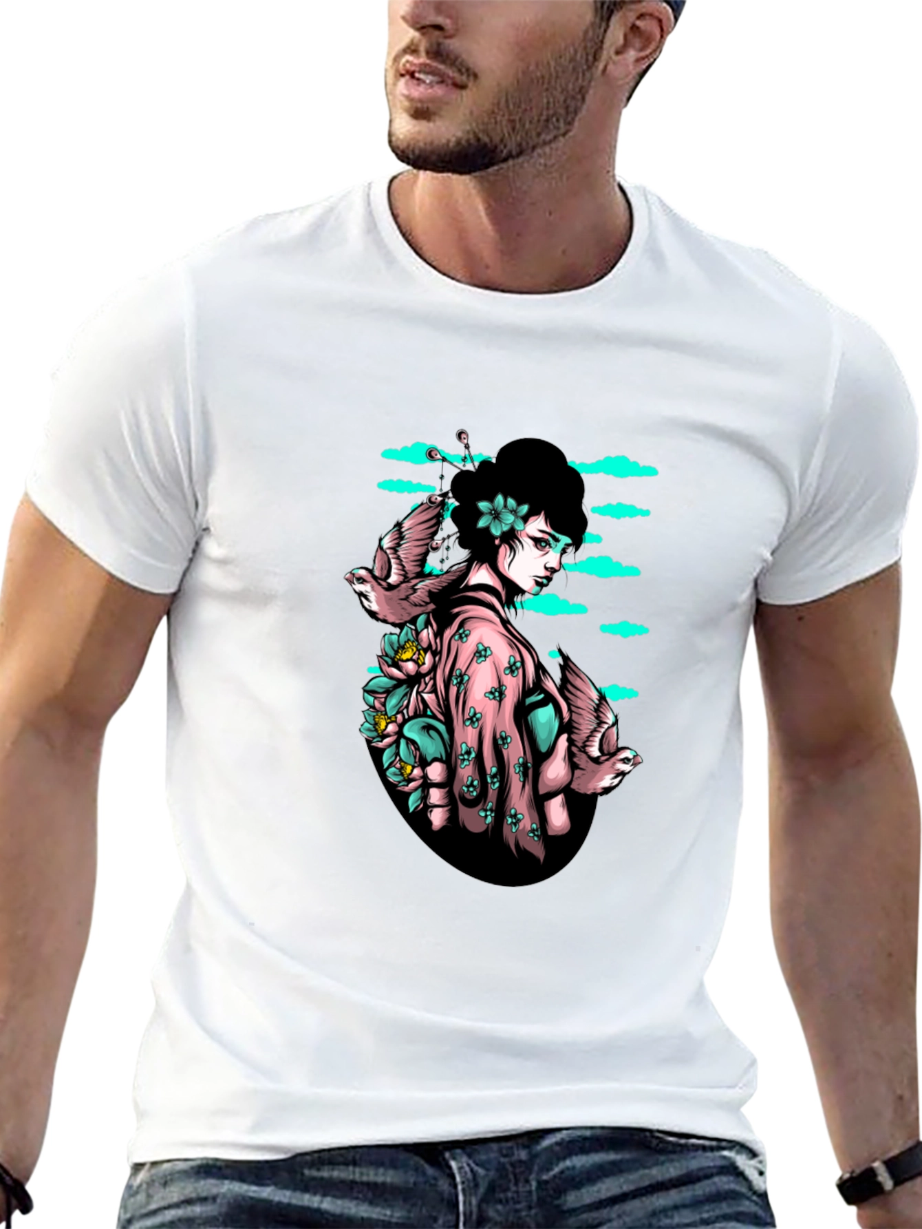 Black Geisha & Birds Graphic Tee - Unique Black T-Shirt view 13