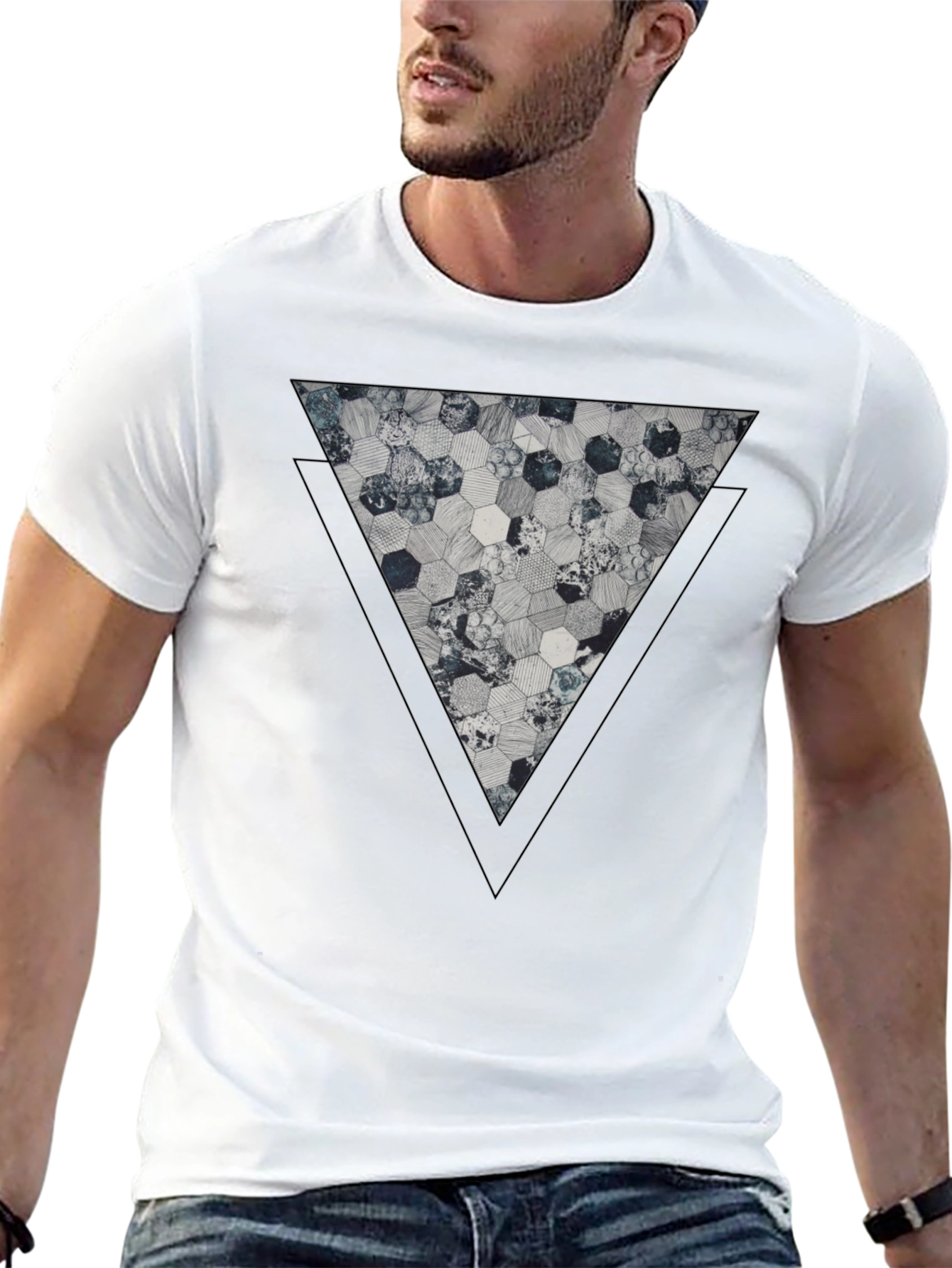 Black Geometric Hexagon Triangle Graphic Tee - Black view 13