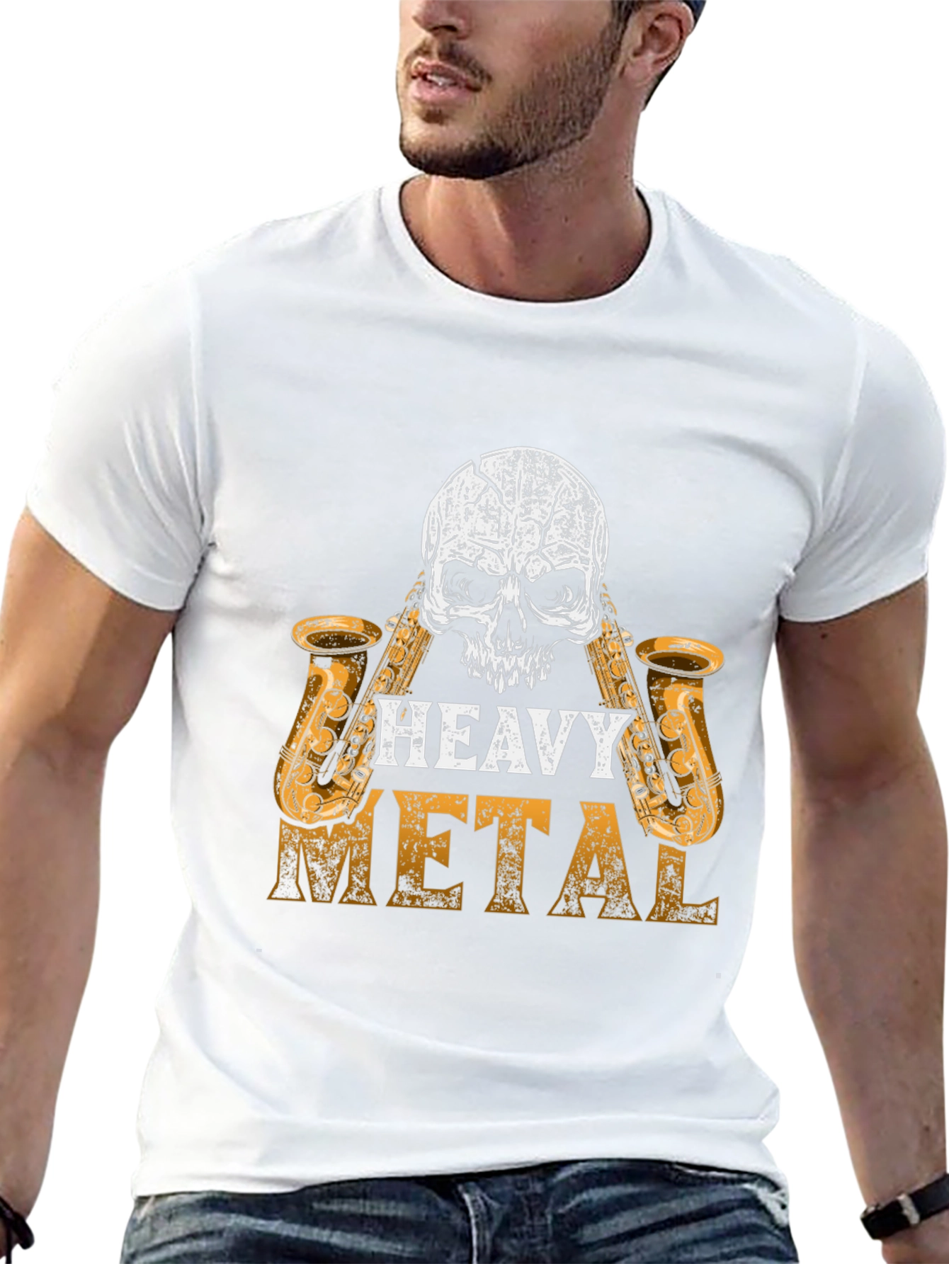 Black Heavy Metal Skull Saxophone Graphic Black T-Shirt view 13