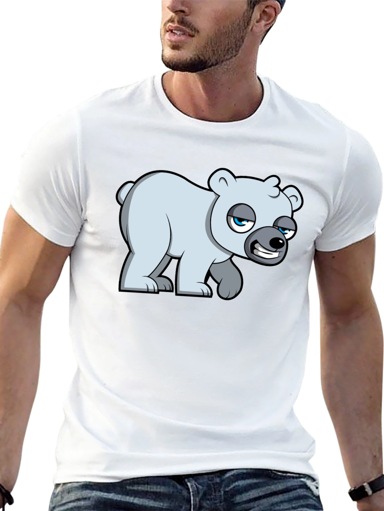 Black Cartoon Polar Bear Graphic T-Shirt - Black Cotton Blend view 13