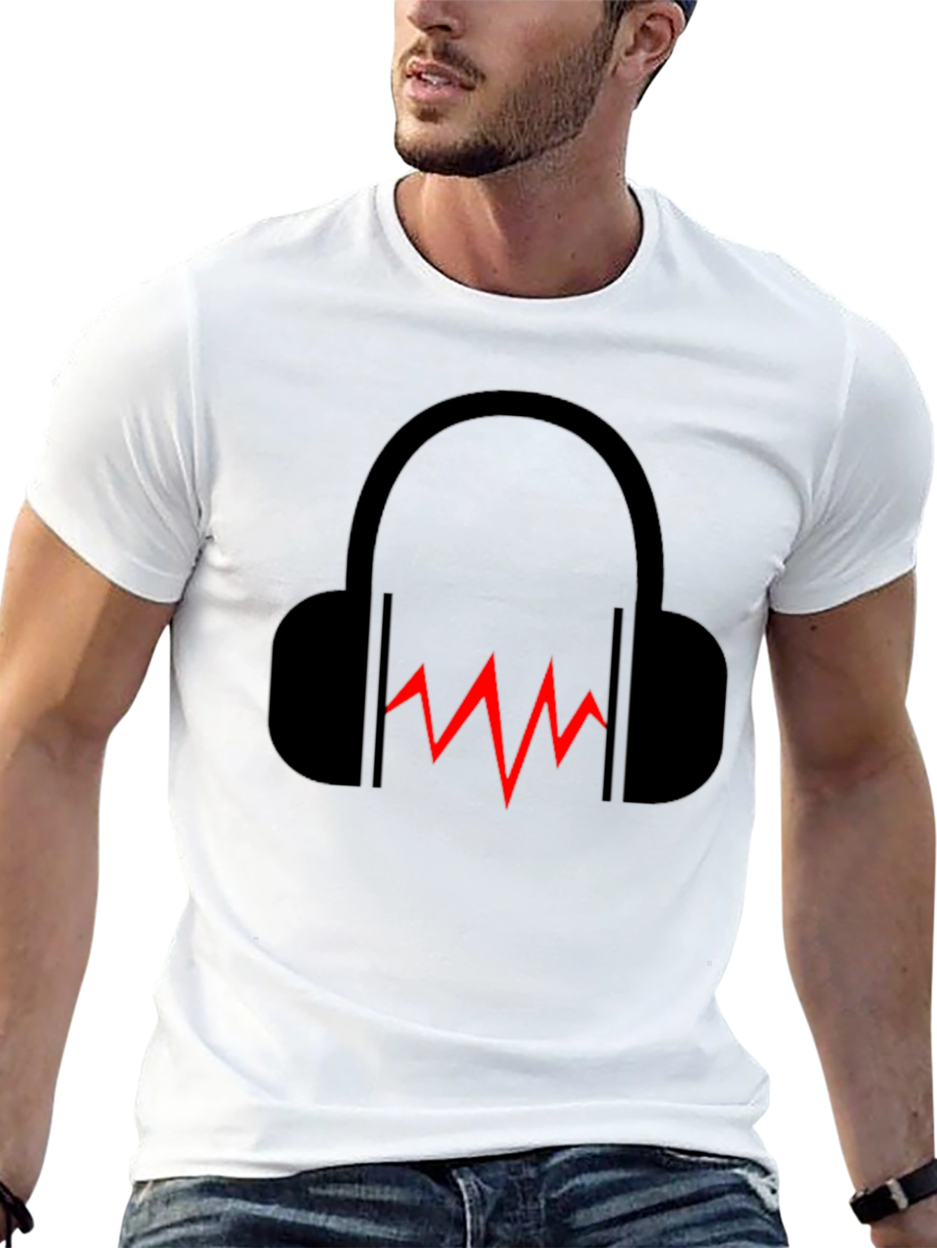 Black Headphones & Sound Wave Graphic Black T-Shirt view 13