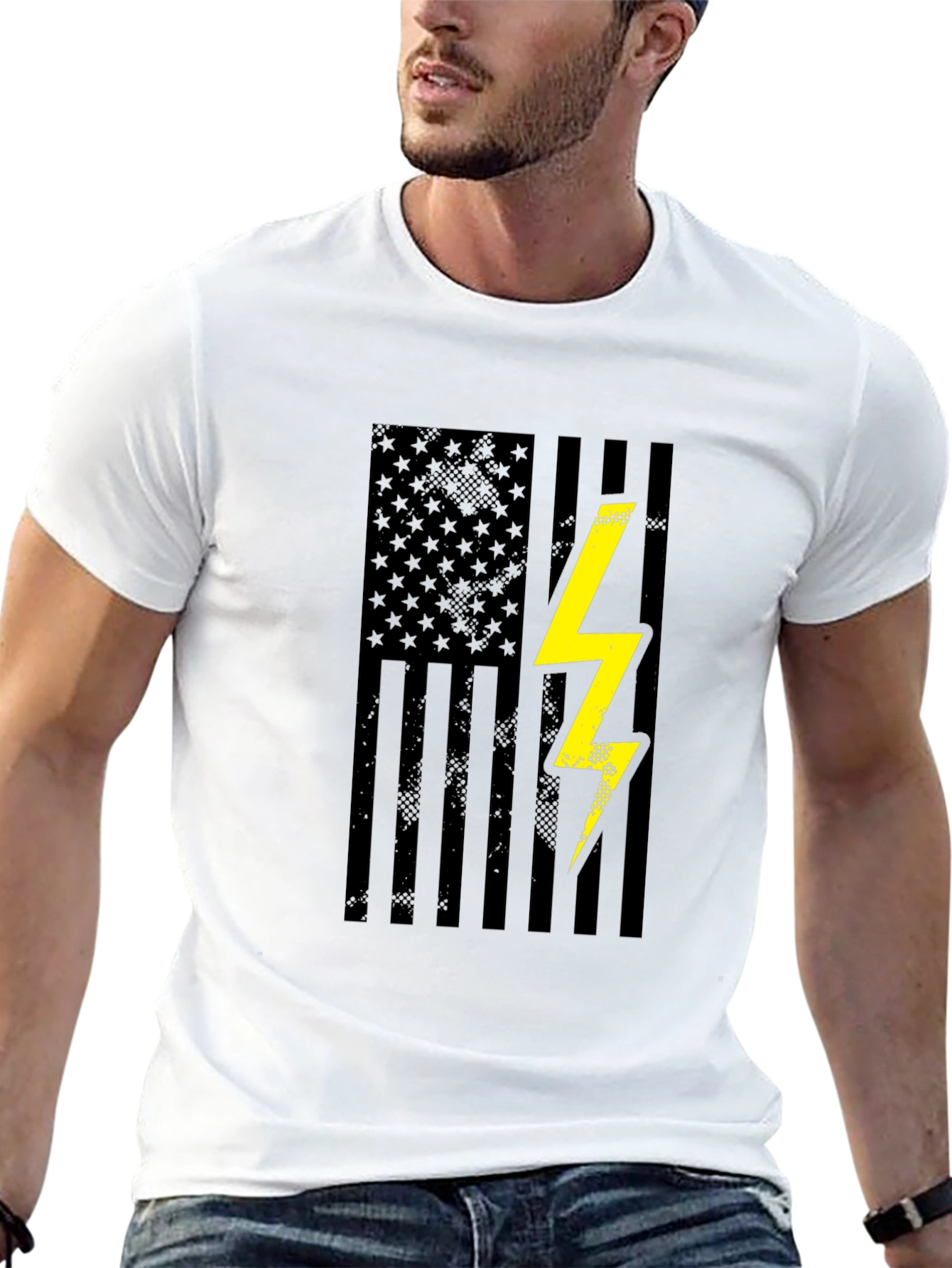 Black American Flag Lightning Bolt Graphic T-Shirt view 13