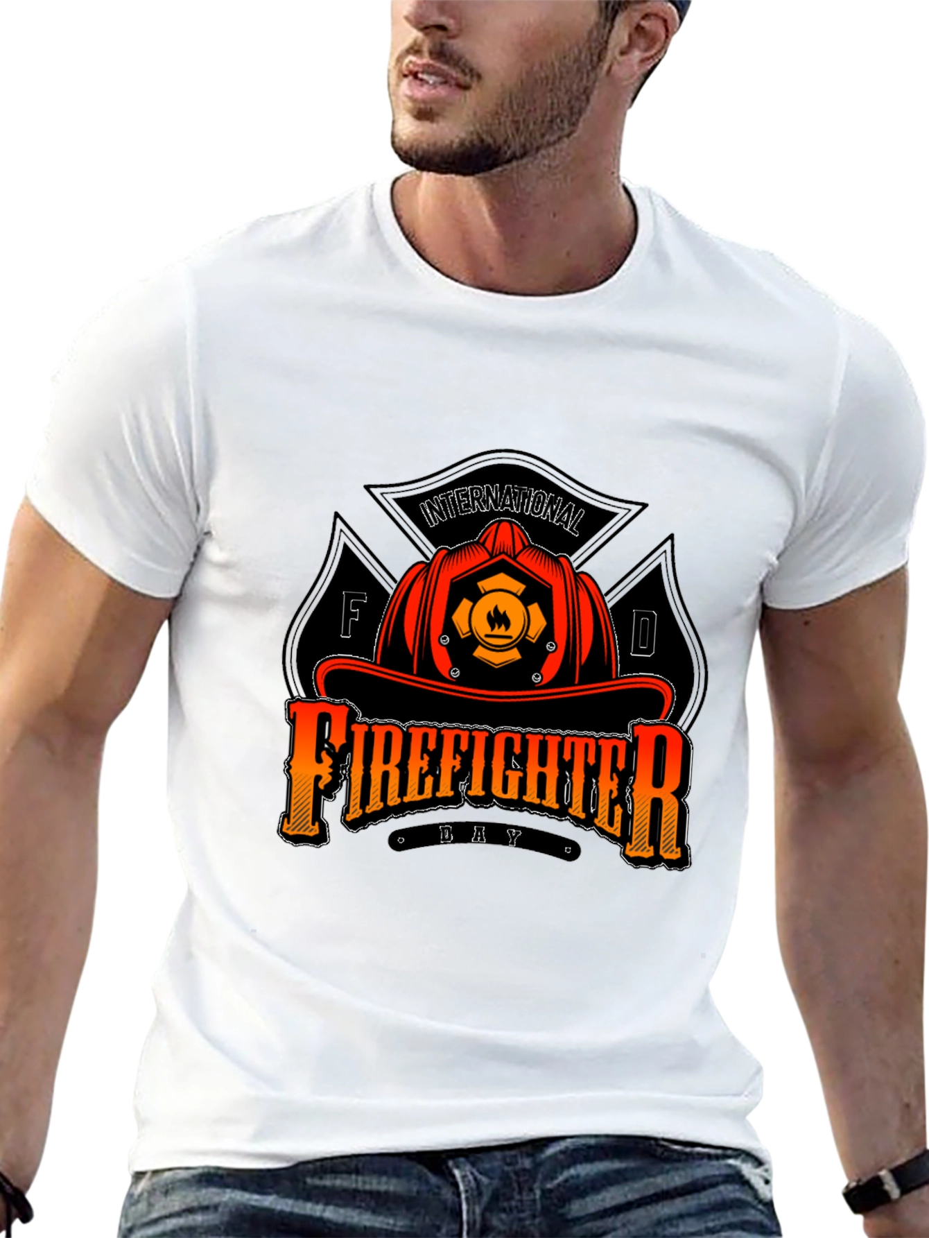 Black Firefighter Day T-Shirt - Black Crew Neck Tee view 13