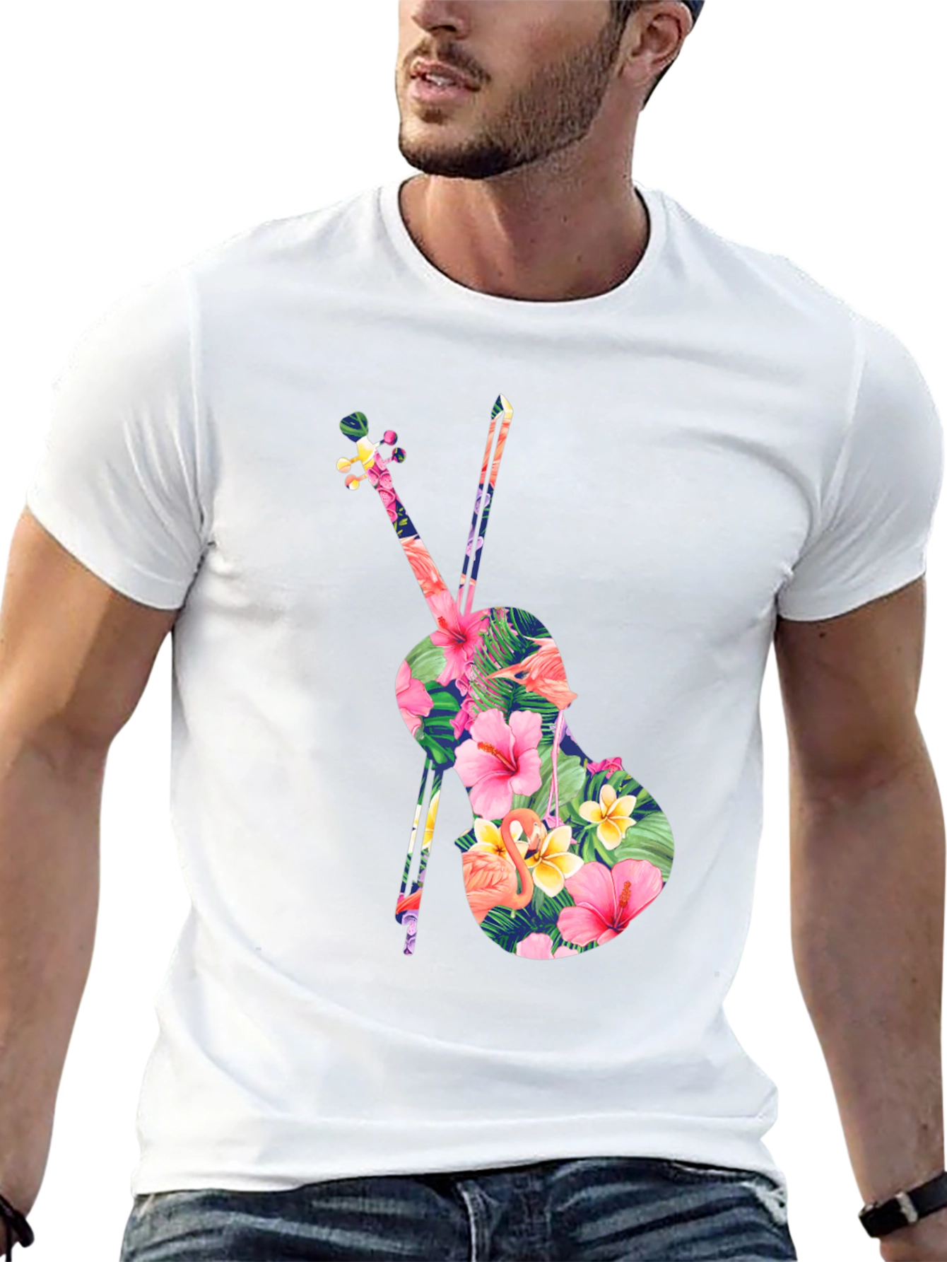 Black Floral Violin Graphic Tee - Tropical Music Lover Shirt view 13