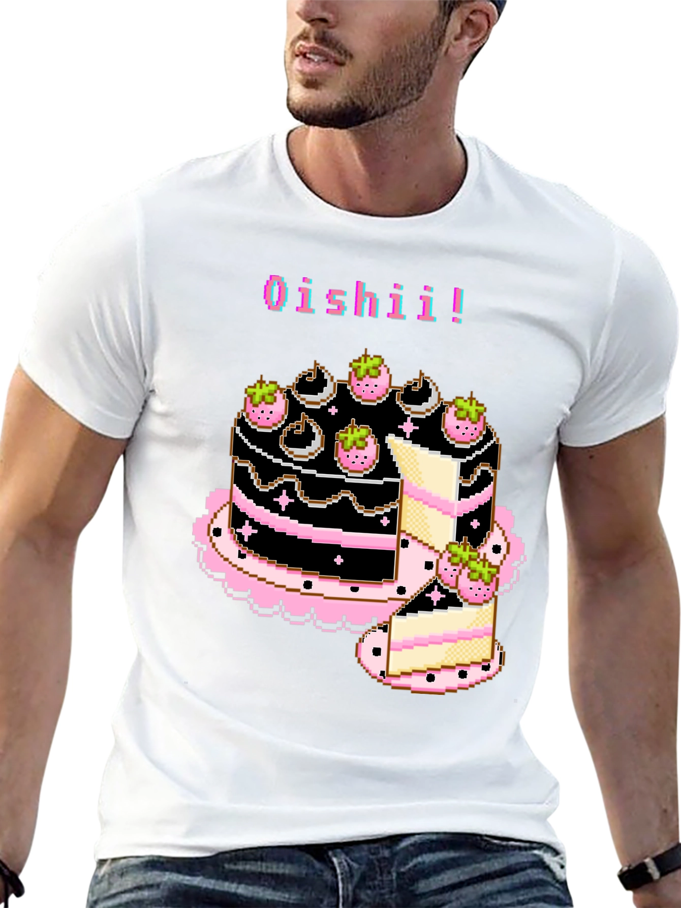 Black Pixel Art Oishii Cake T-Shirt view 13