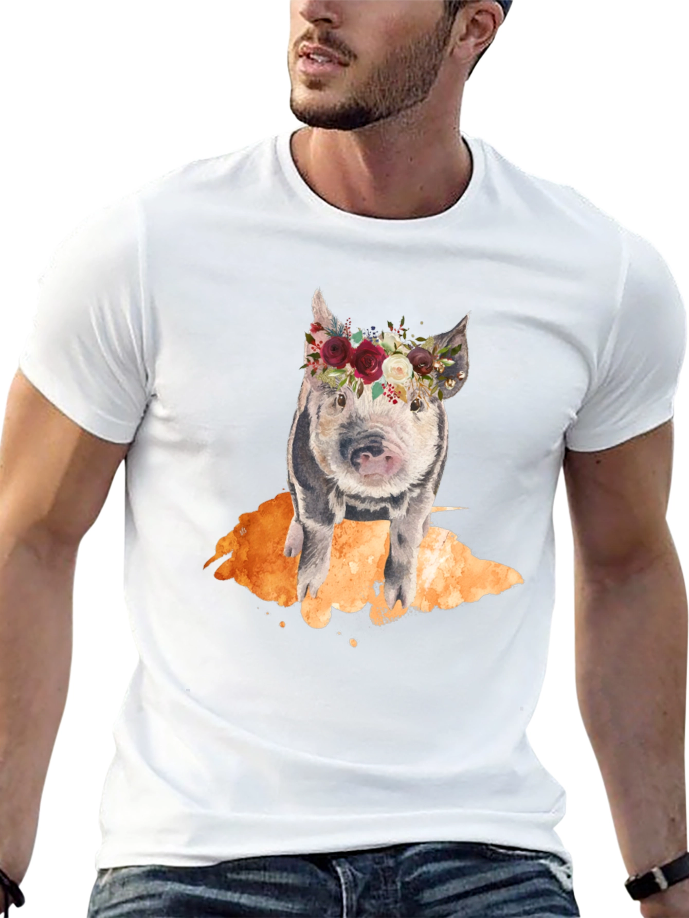 Black Floral Crown Pig Black T-Shirt view 13