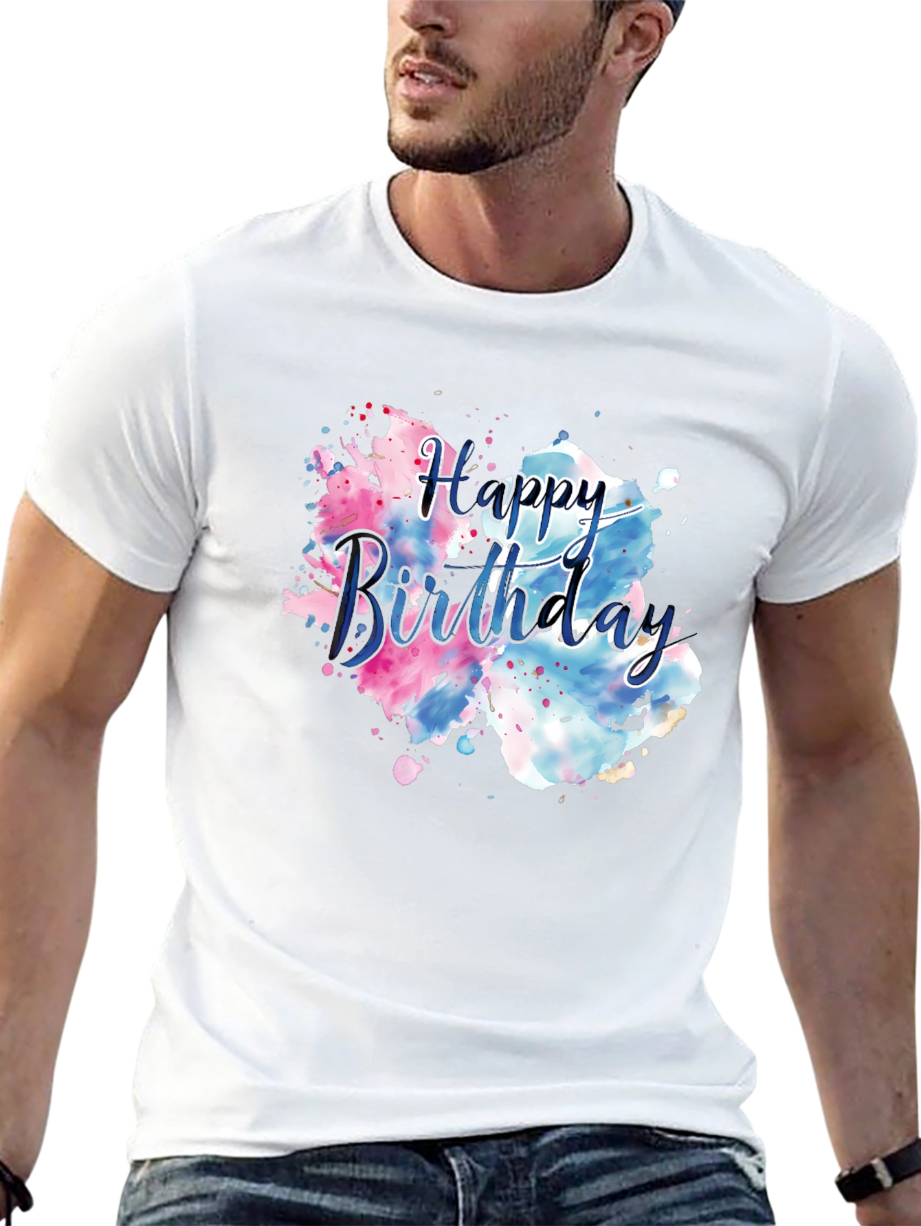 Black Happy Birthday Watercolor T-Shirt view 13