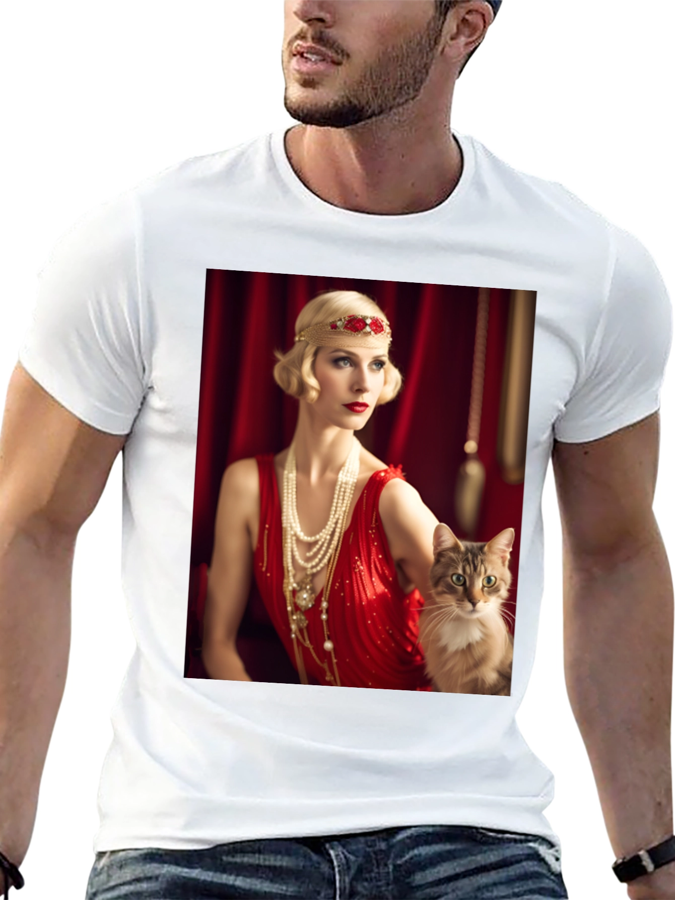 Black Retro Glam T-Shirt: Woman & Cat view 13