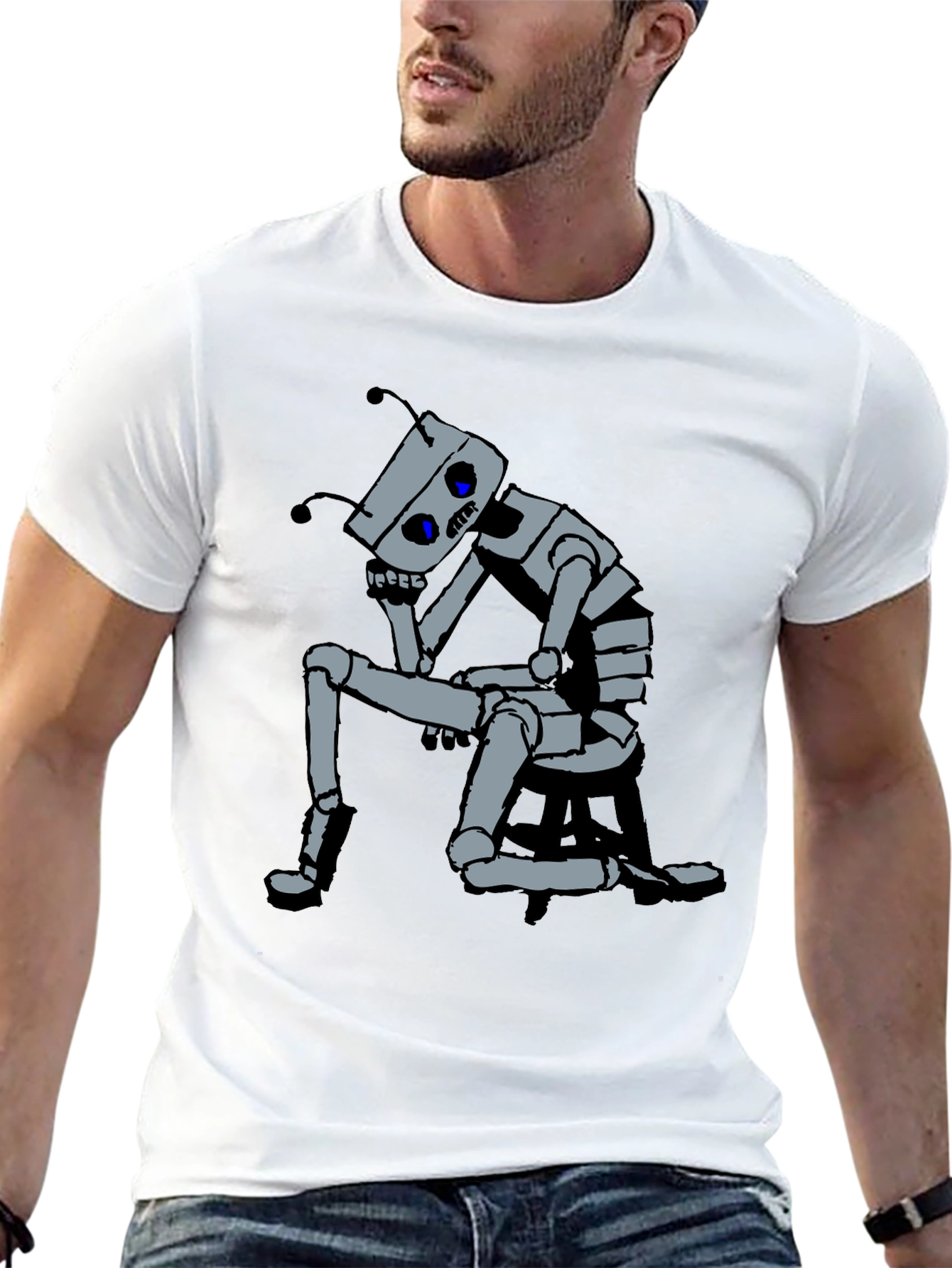 Black Robot Thoughtful Graphic Tee - Black Cotton view 13
