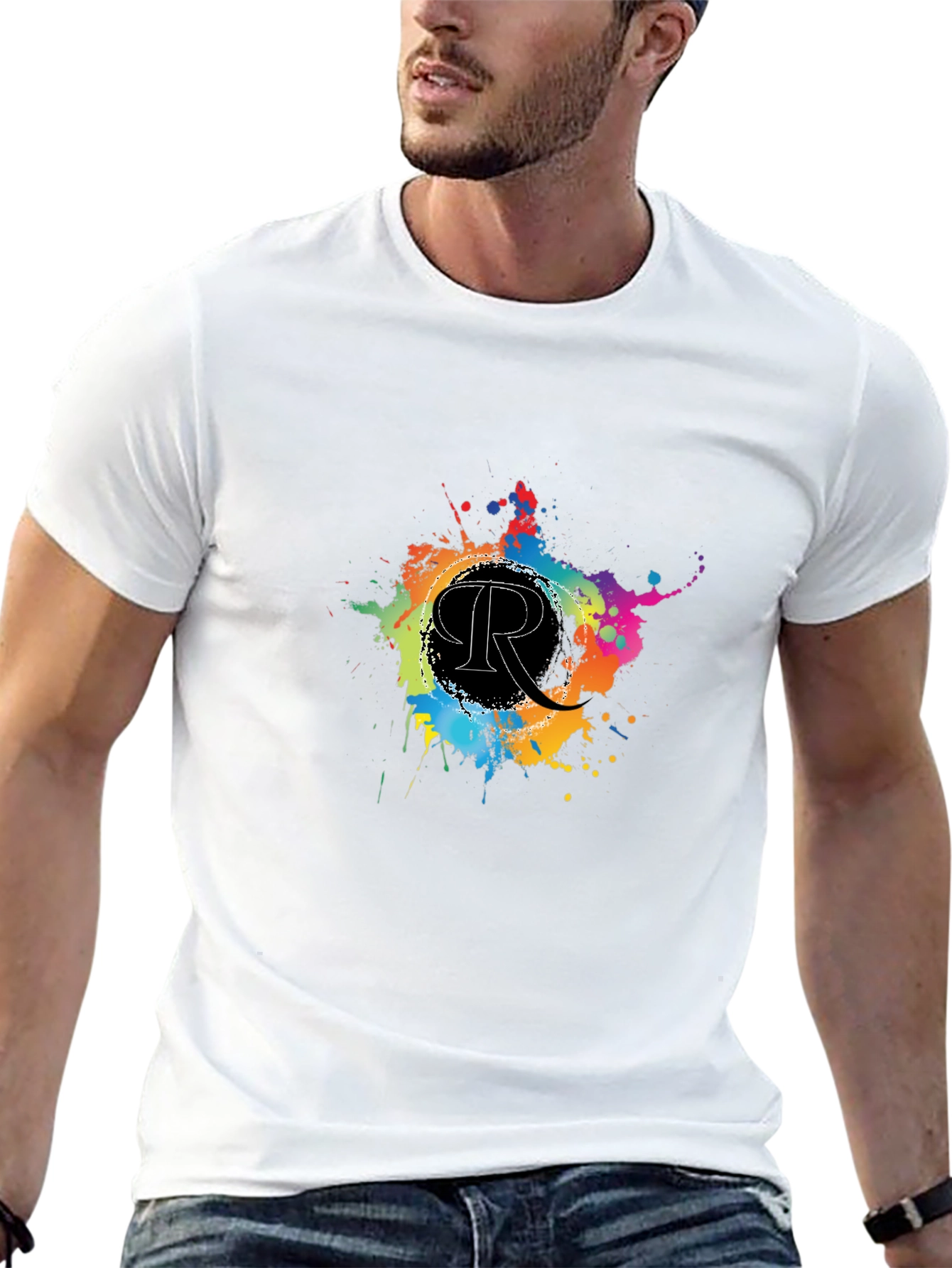 Black Men's Black T-Shirt with Colorful "R" Design view 13