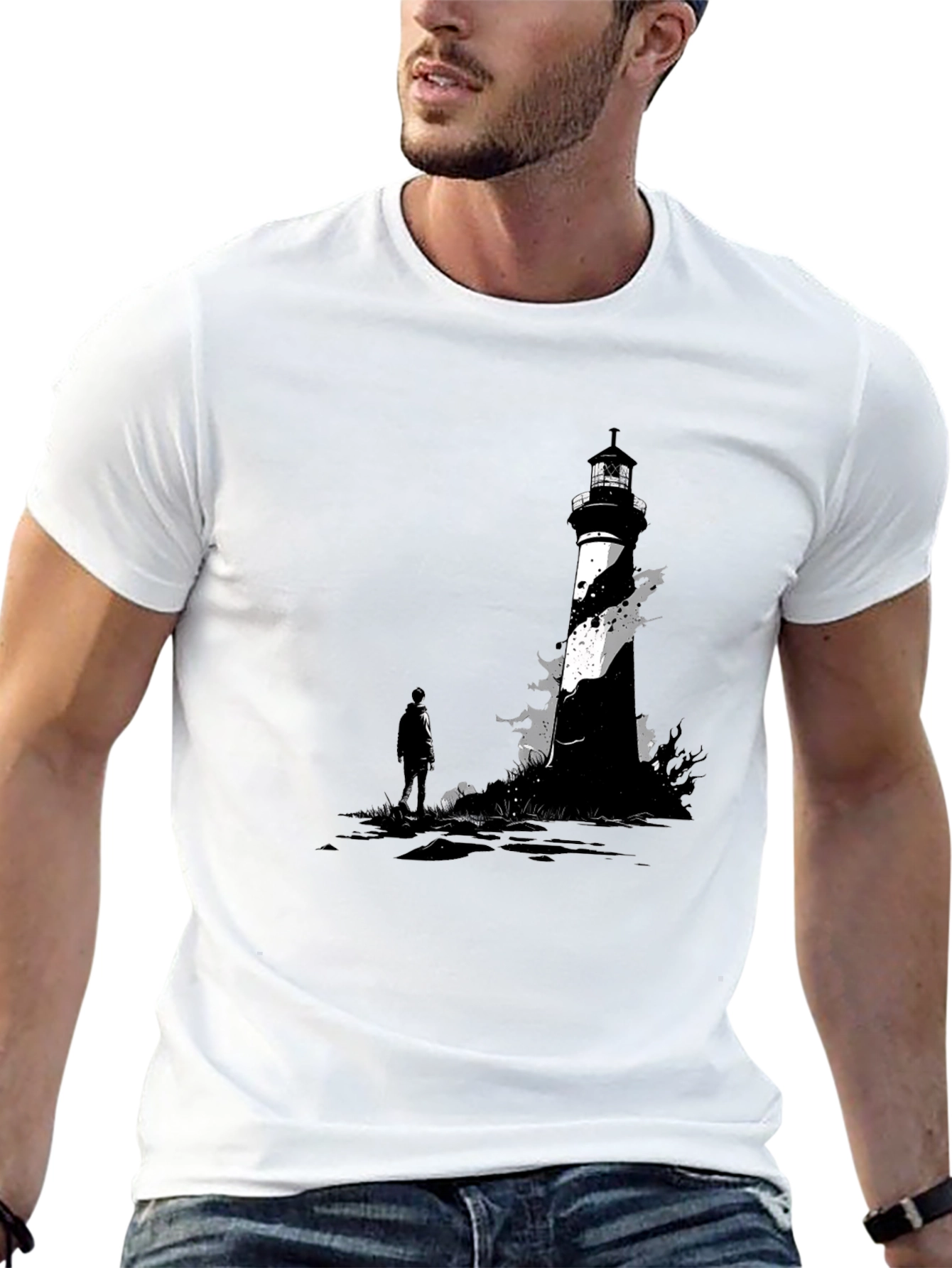 Black Lighthouse Graphic Tee - Coastal Style T-Shirt view 13