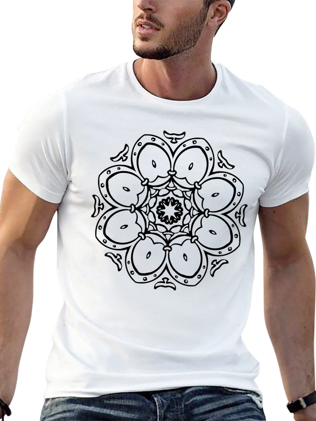 Black Geometric Mandala Design Black T-Shirt view 13