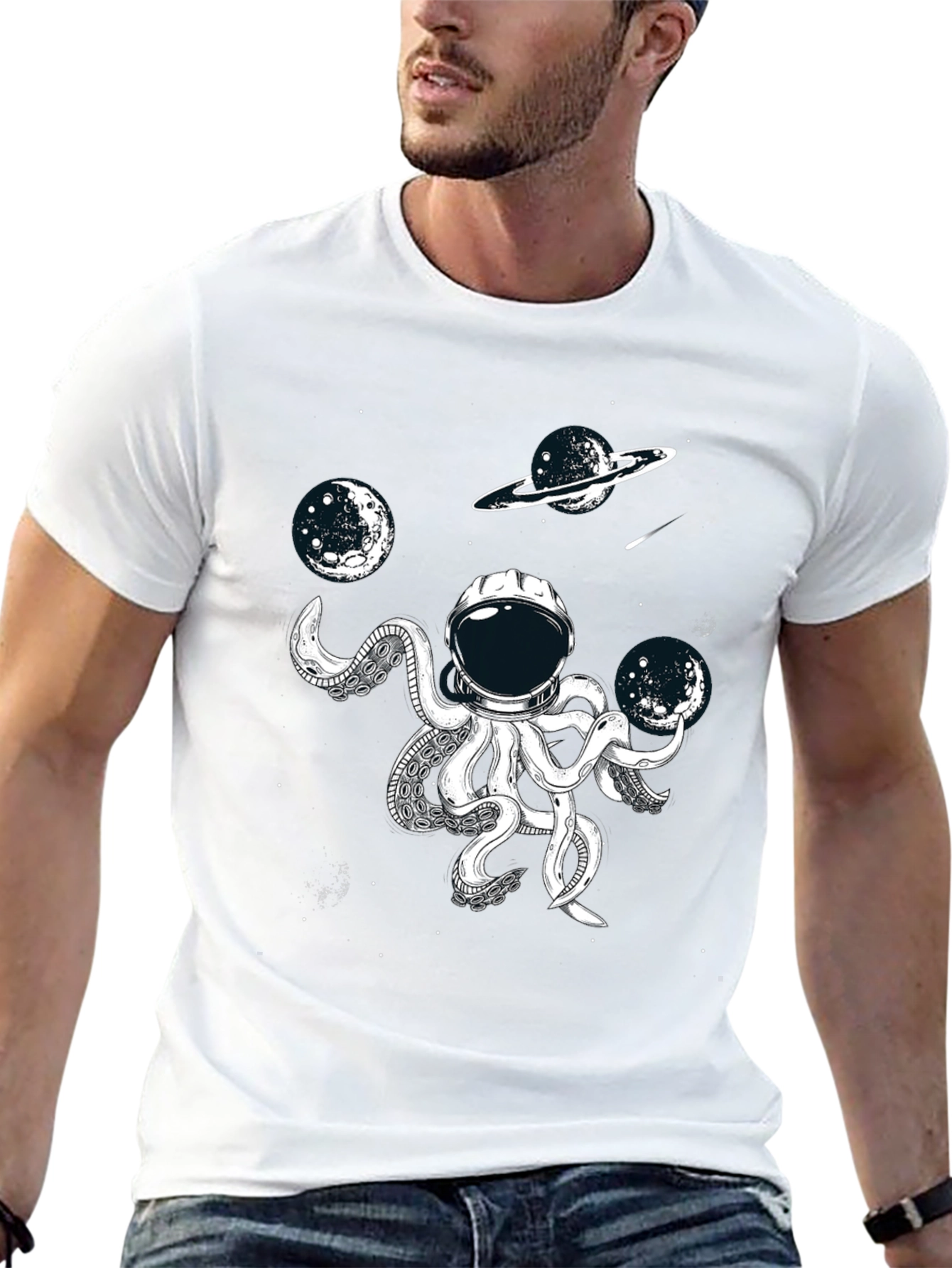 Black Cosmic Octopus Astronaut T-Shirt - Space Adventure Tee view 13