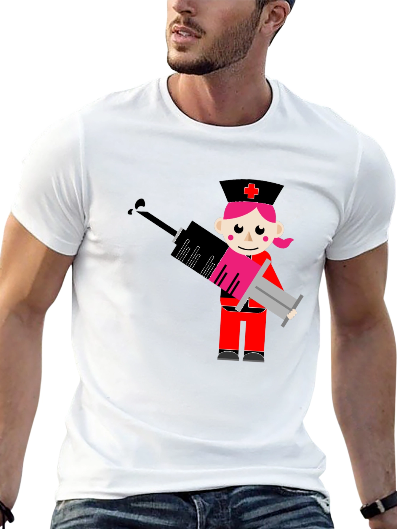 Black Cartoon Nurse Syringe Graphic T-Shirt - Black Cotton Tee view 13