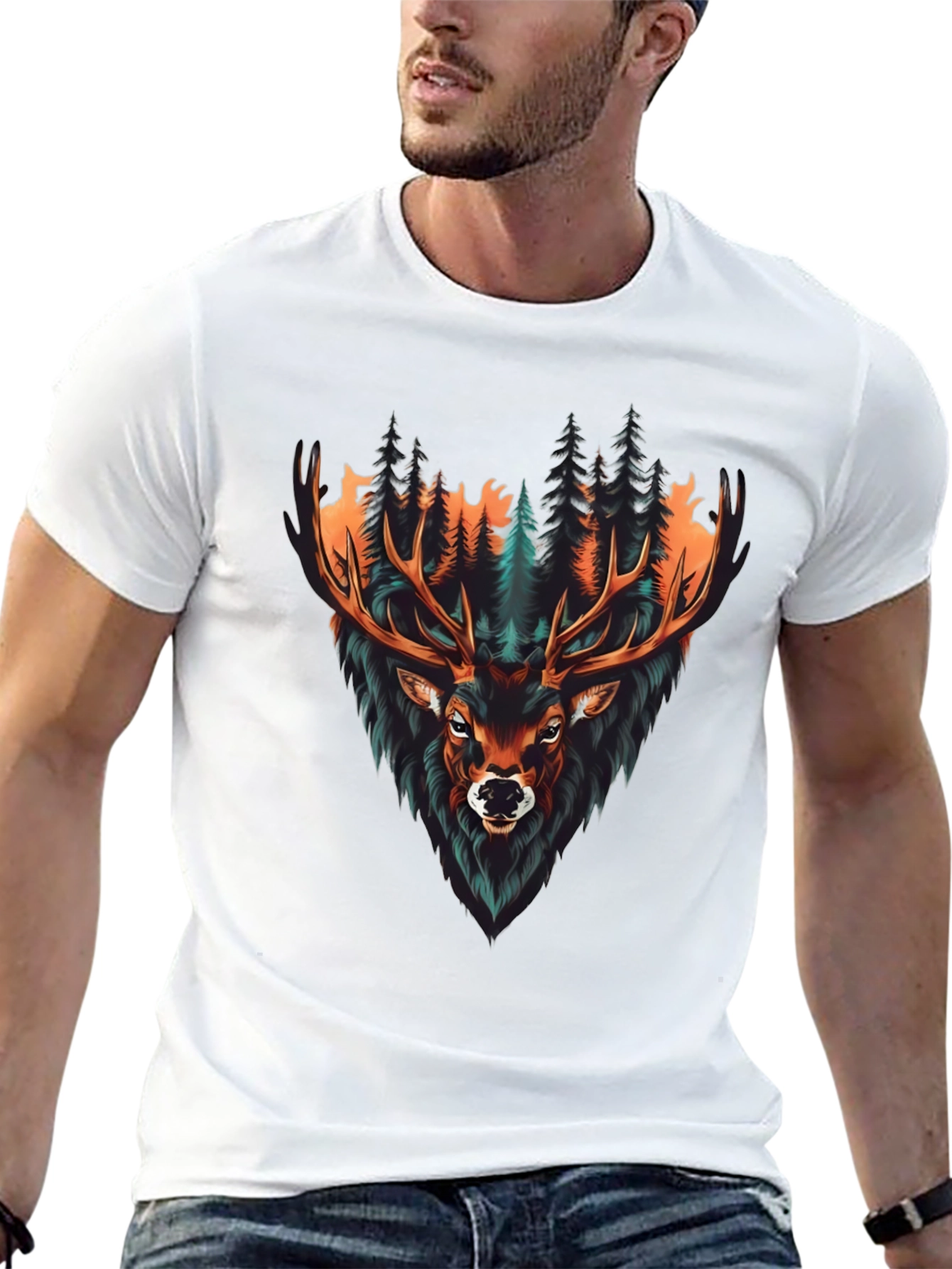 Black Men's Graphic Tee - Deer in Forest view 13