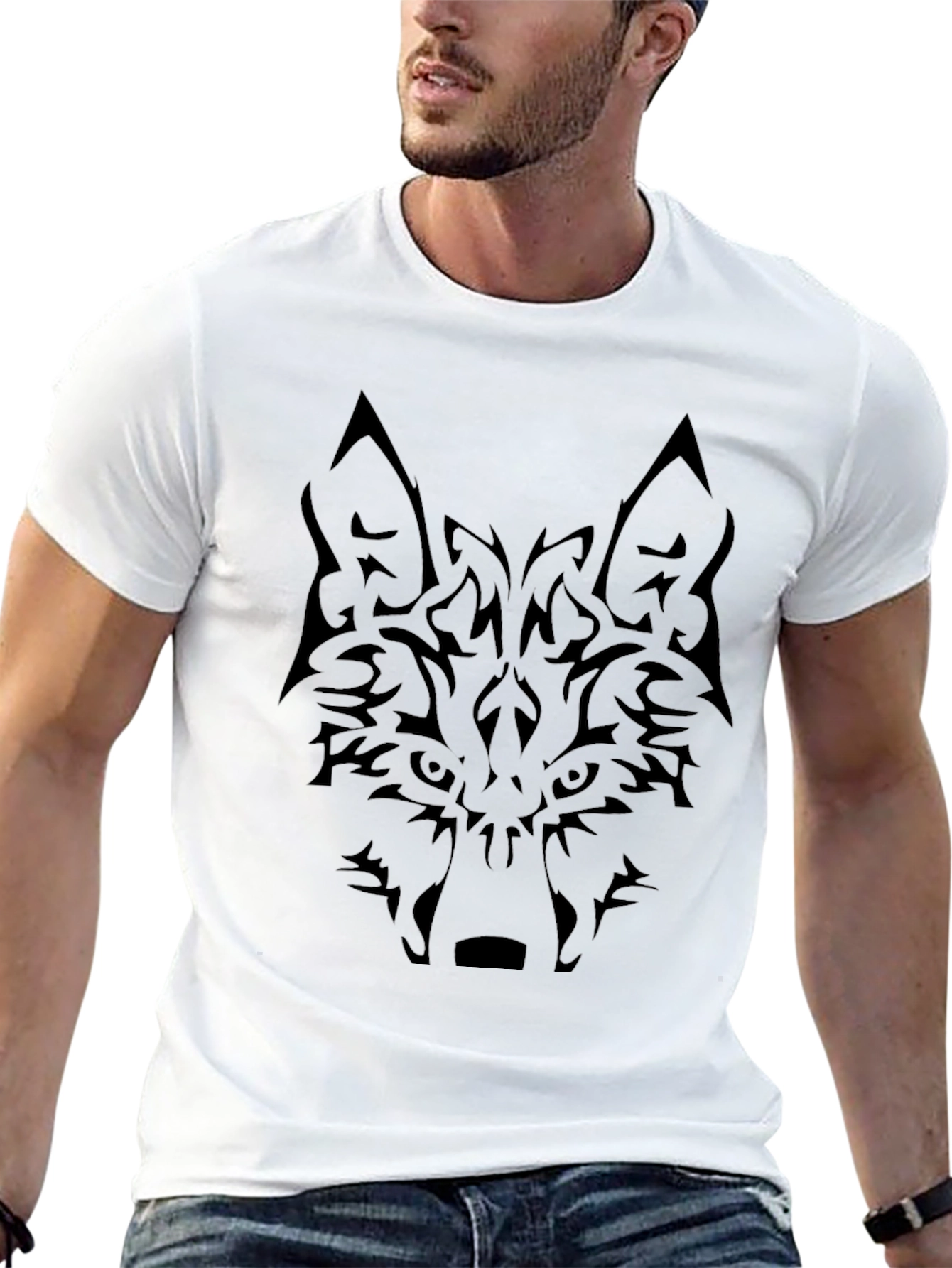 Black Tribal Wolf Graphic Tee - Black Cotton Blend Shirt view 13
