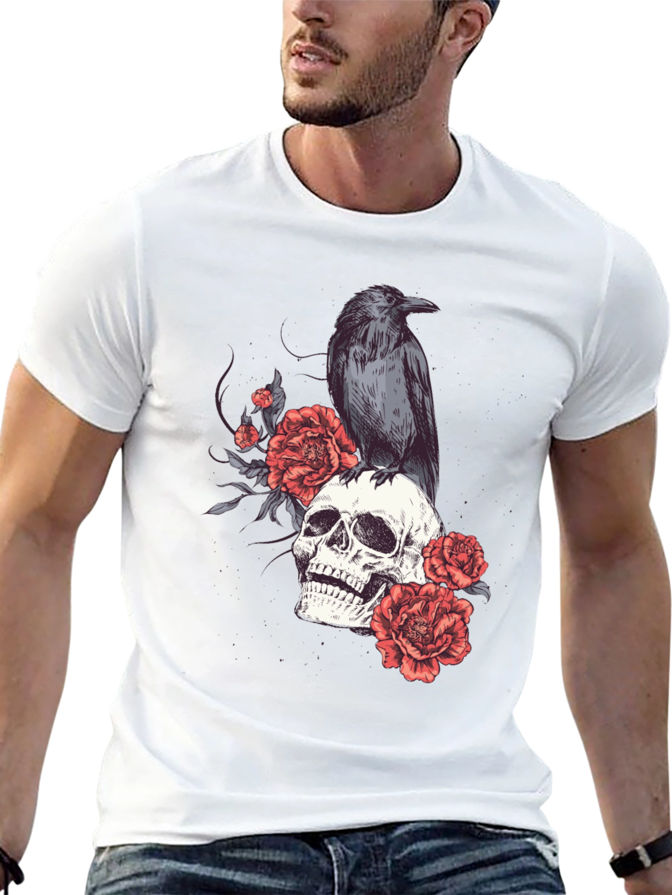Black Skull & Raven Graphic Tee - Gothic Style view 13