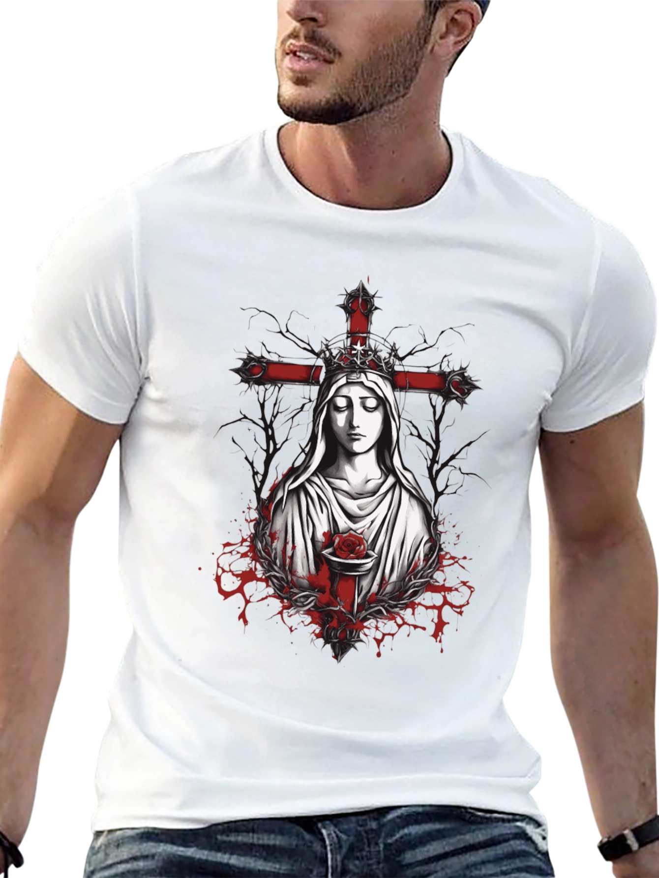 Black Virgin Mary Rose Cross Graphic Tee view 13