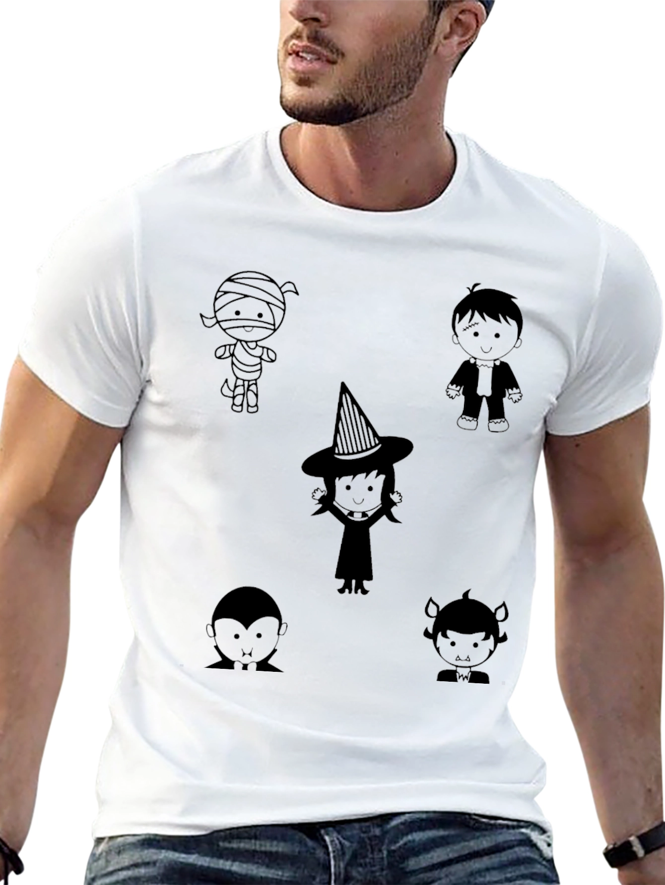 Black Halloween Cartoon Character Print Black T-Shirt view 13