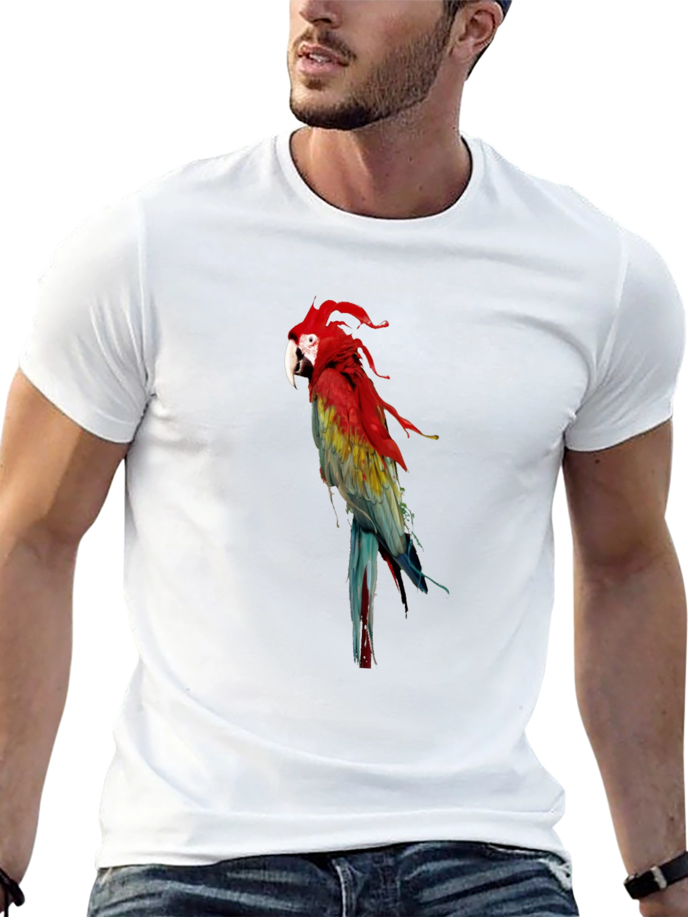 Black Parrot Graphic Tee - Vivid Bird Print T-Shirt view 13