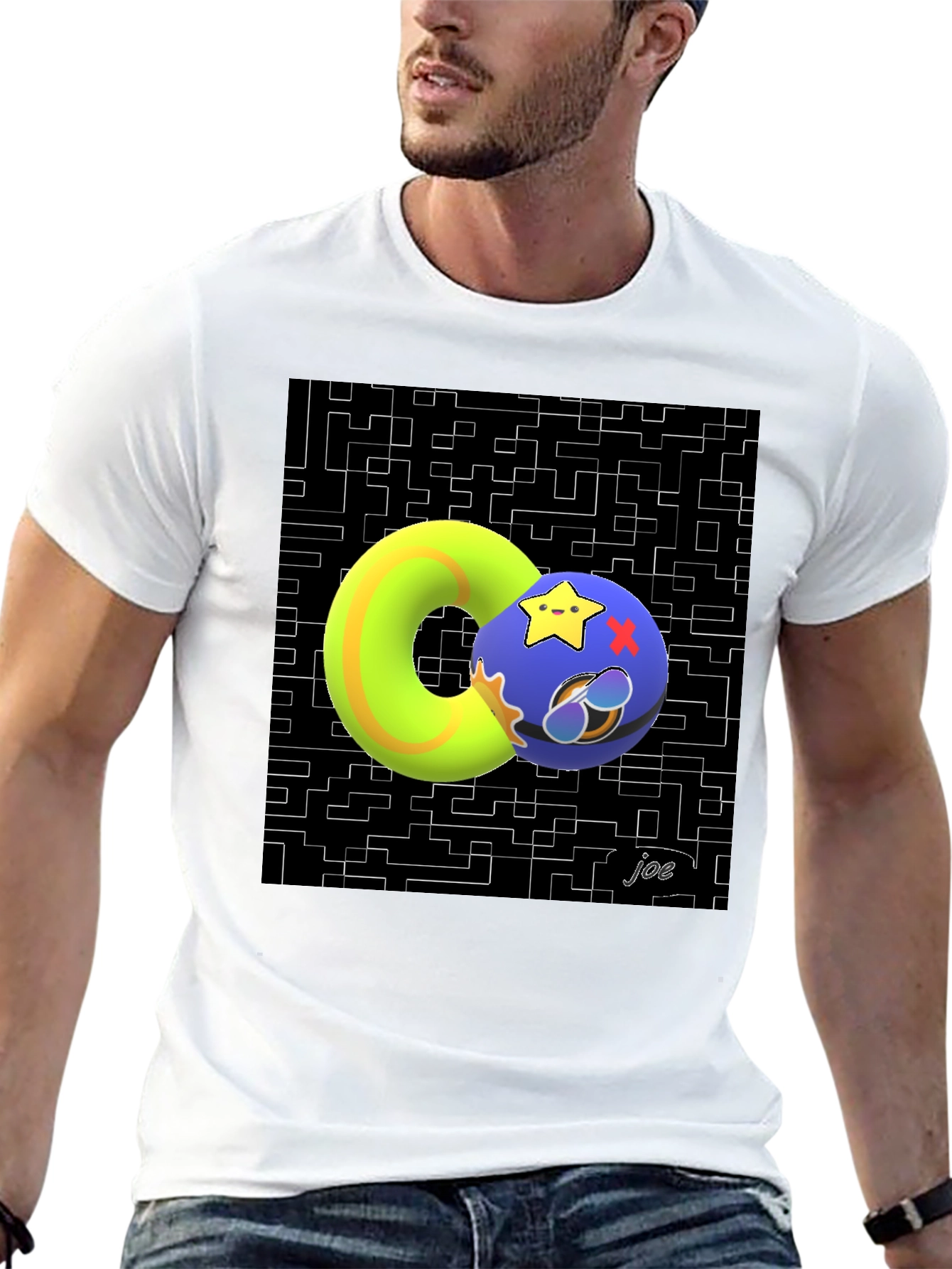 Black Geometric Graphic Tee - Funky Donut and Star Ball Design view 13
