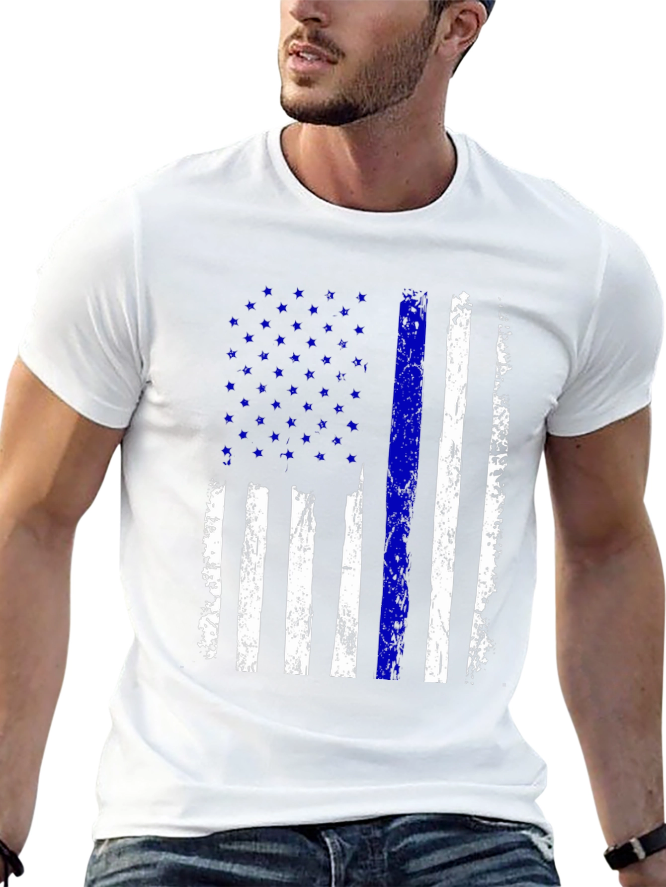 Distressed Thin Blue Line American Flag T-Shirt - 13