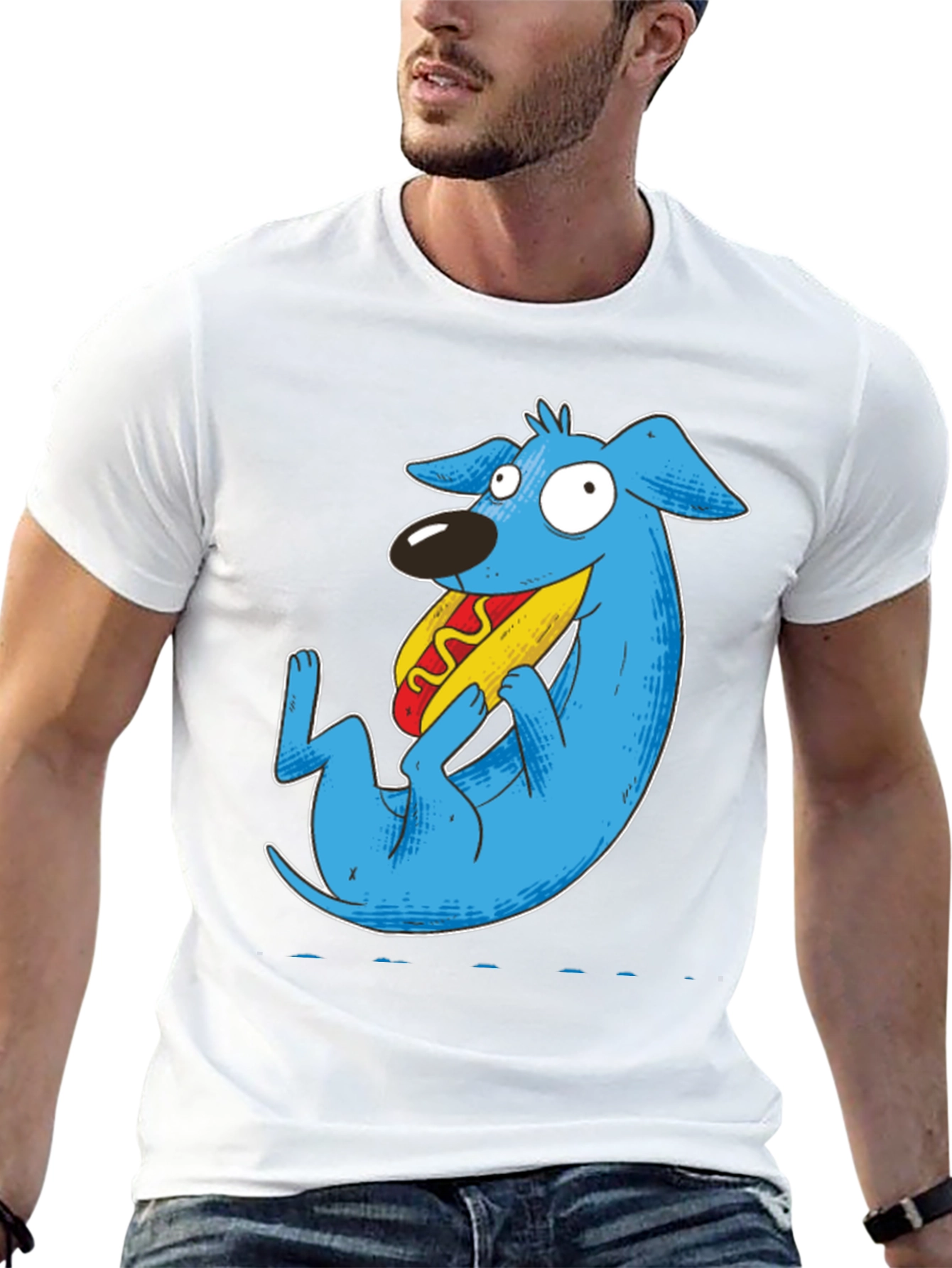 Black Cartoon Blue Dog Eating Hotdog Black T-Shirt view 13