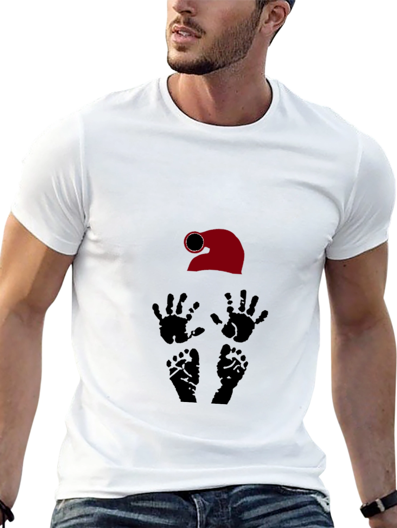 Black Novelty Graphic T-Shirt: Santa Hat, Hands, Feet Design view 13
