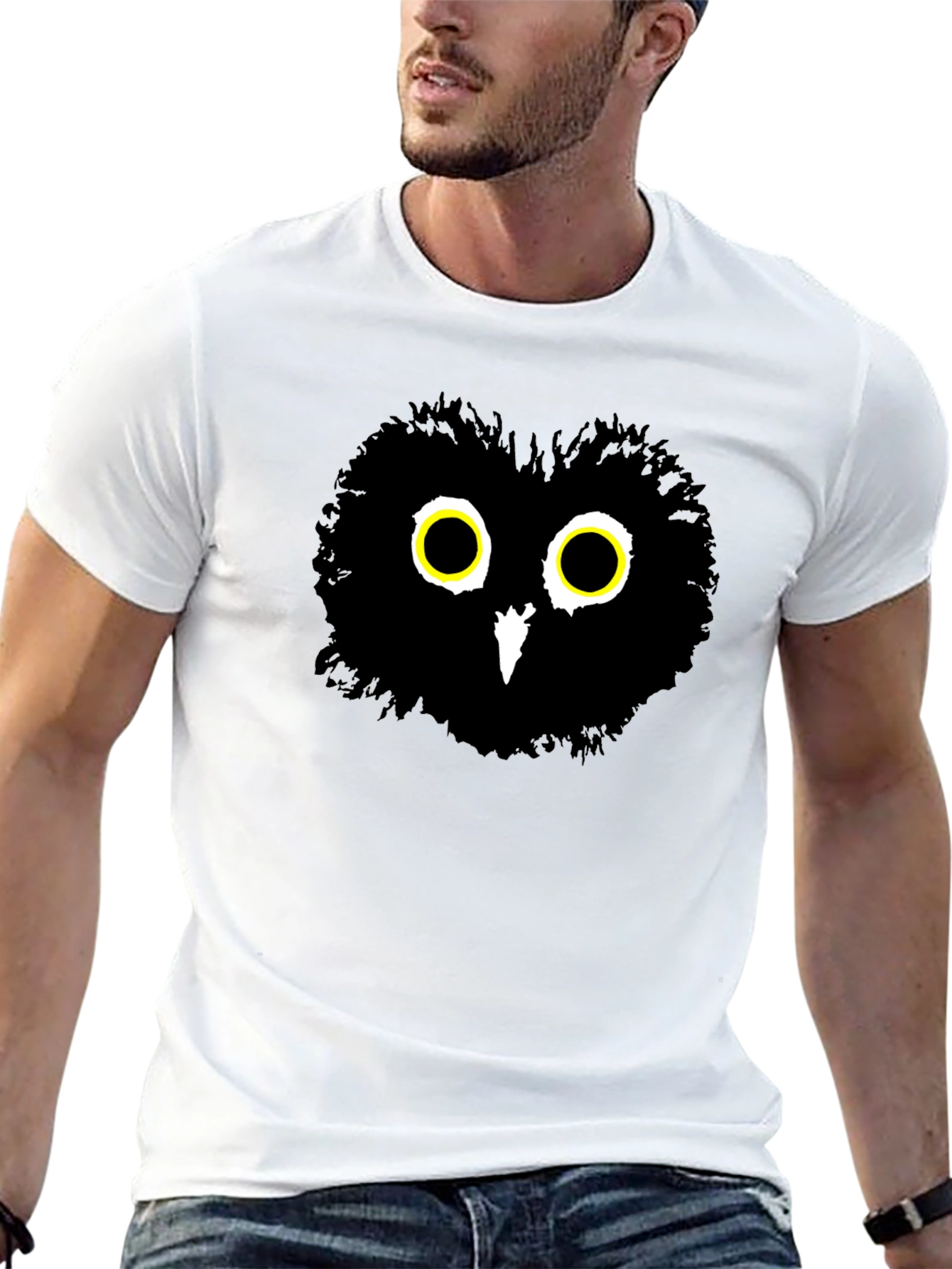 Black Whimsical Owl Graphic Tee - Men's Black Cotton T-Shirt view 13
