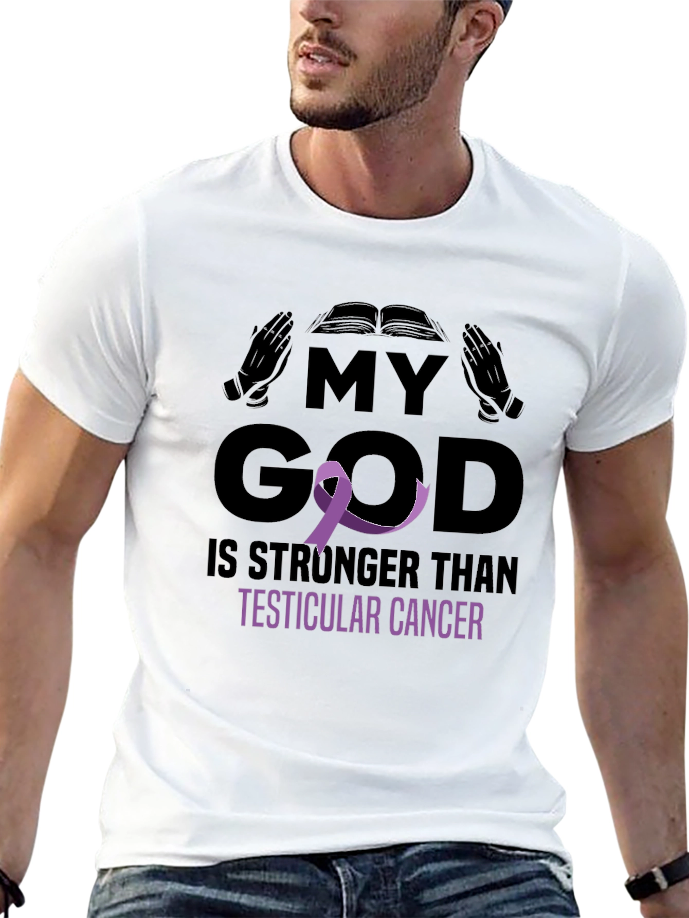 Black My God Stronger Than Testicular Cancer Awareness T-Shirt view 13