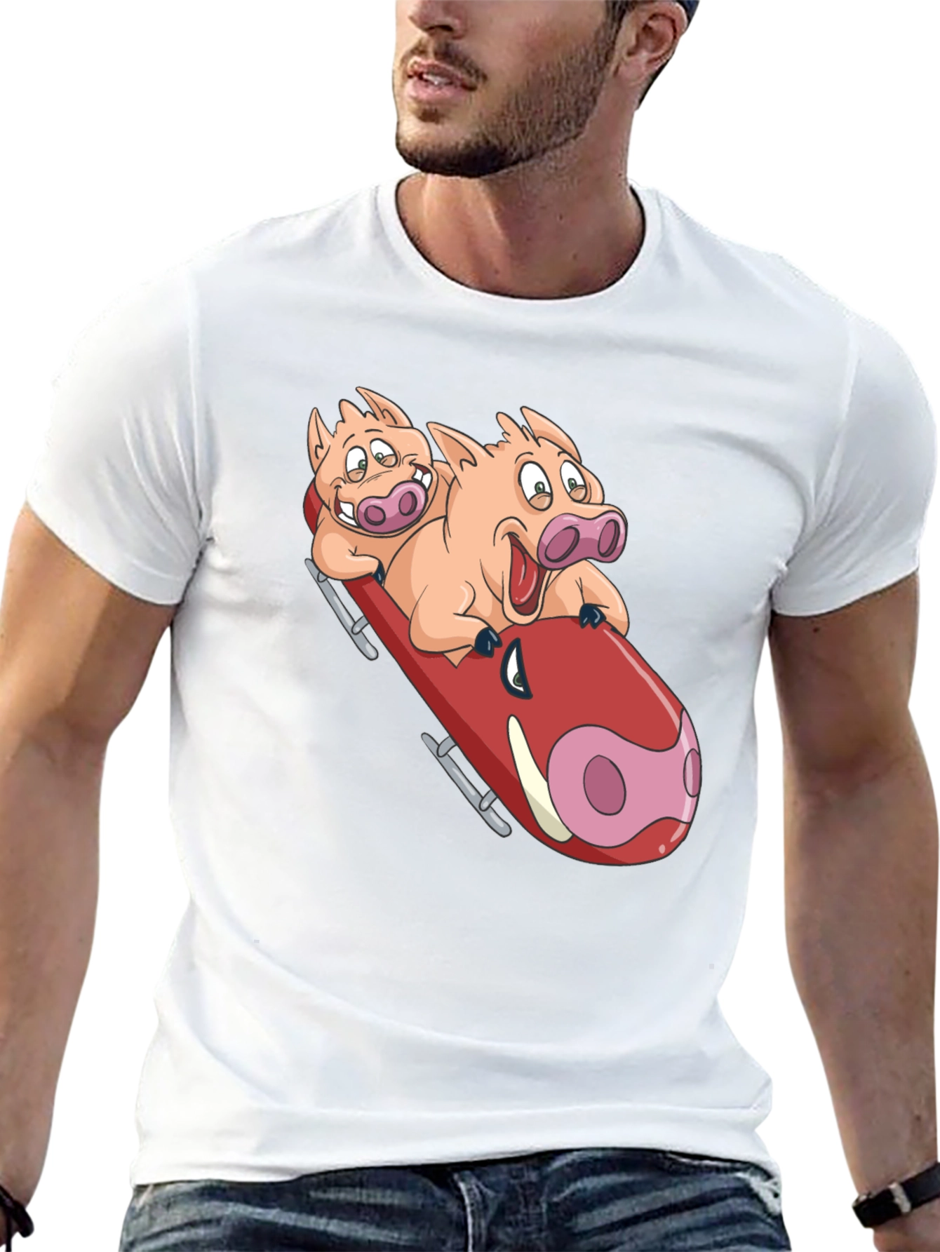 Black Funny Pigs Bobsledding Graphic T-Shirt view 13