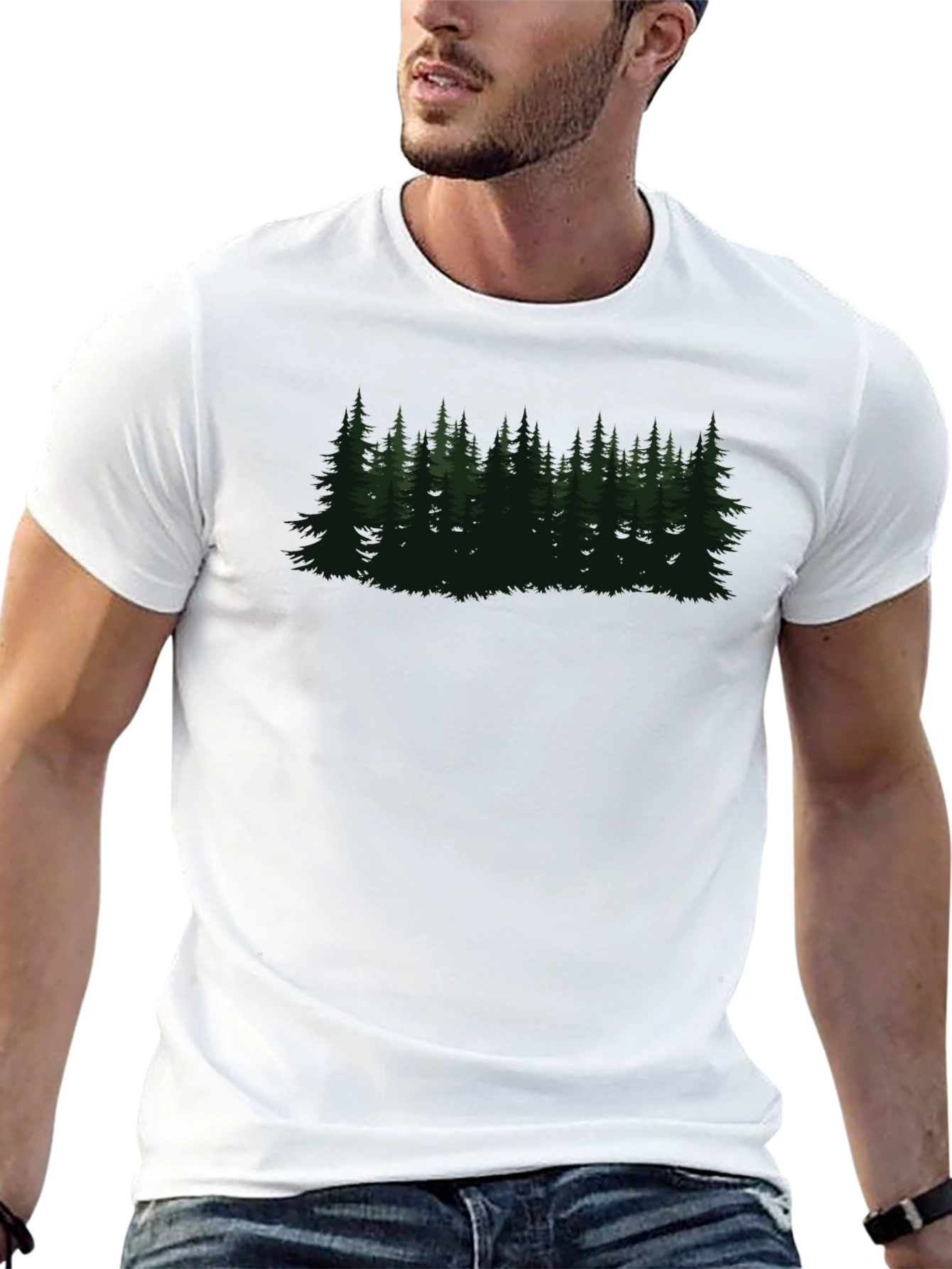 Black Men's Black T-Shirt with Forest Graphic view 13