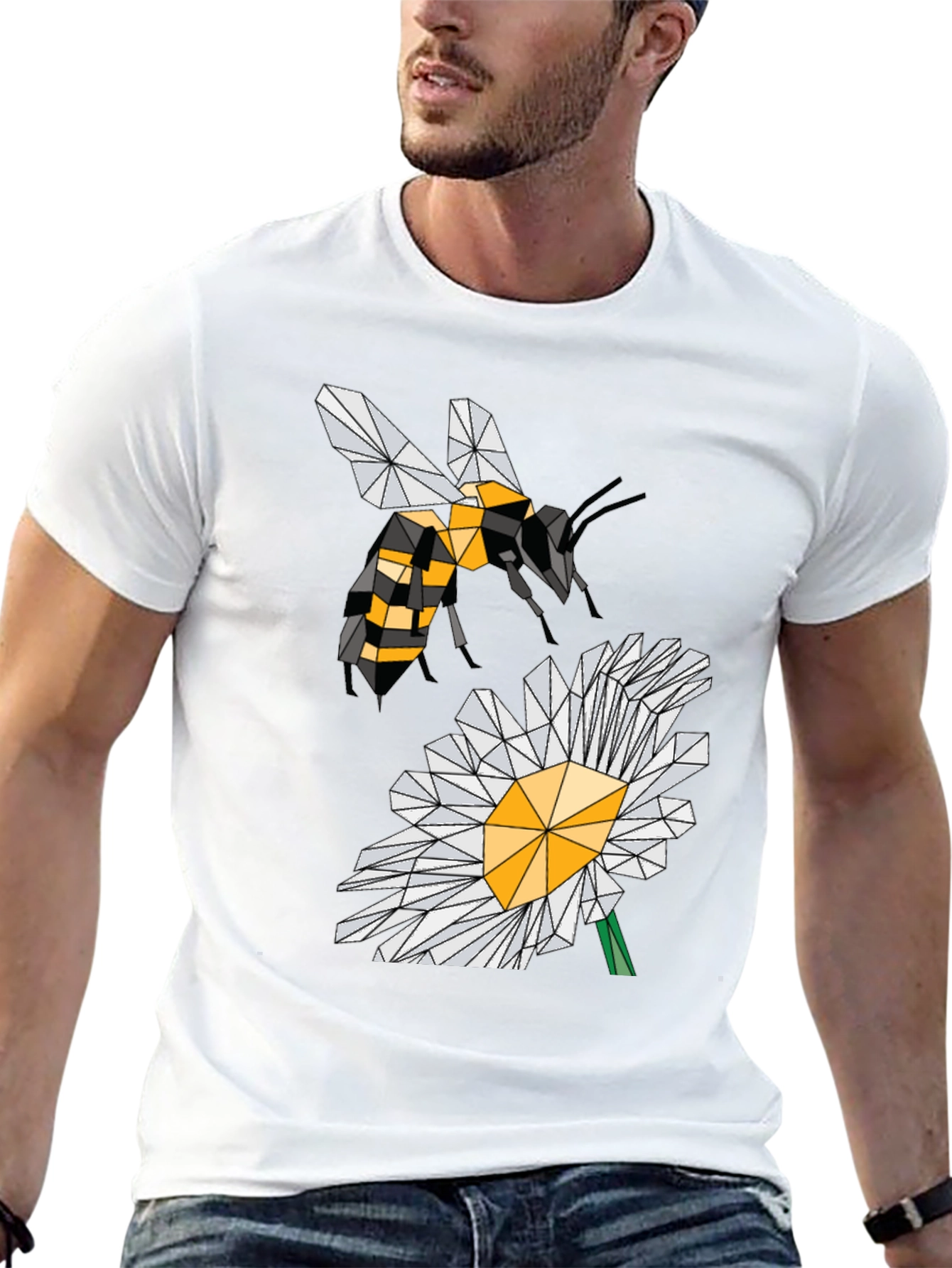 Black Geometric Bee & Daisy Black T-Shirt view 13