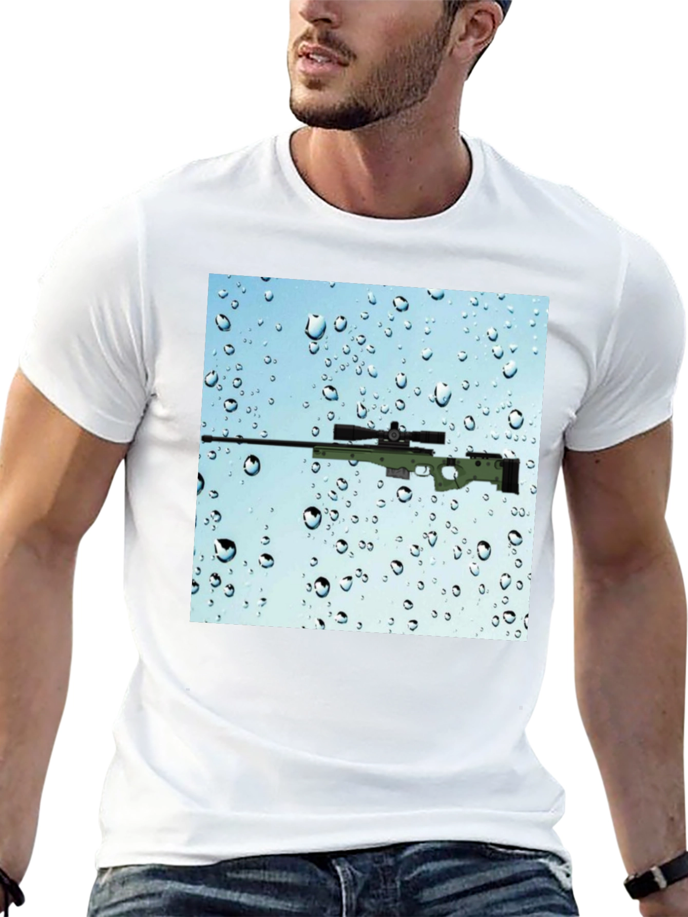 Black Gun on Rainy Window T-Shirt - Cool Graphic Tee view 13