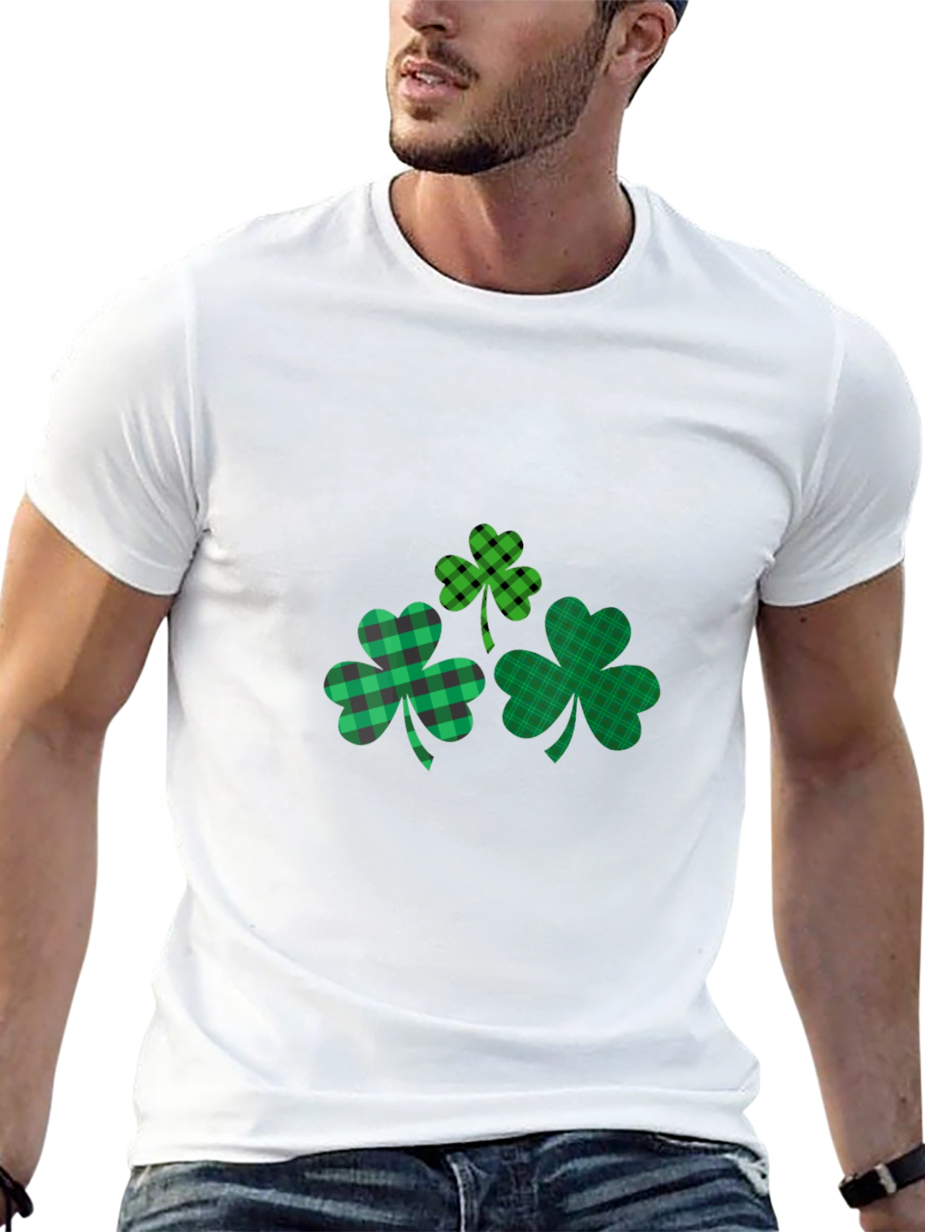 Black St. Patrick's Day Shamrock Plaid T-Shirt view 13