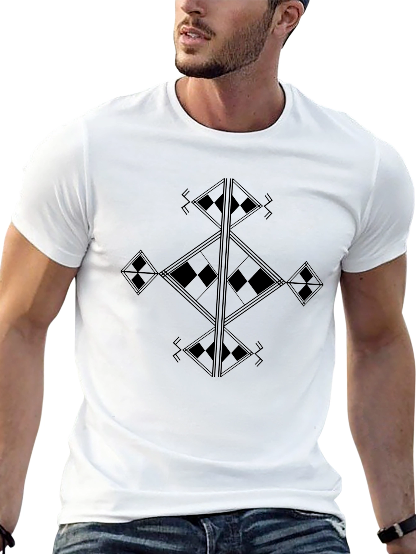 Black Geometric Diamond Pattern Black T-Shirt view 13