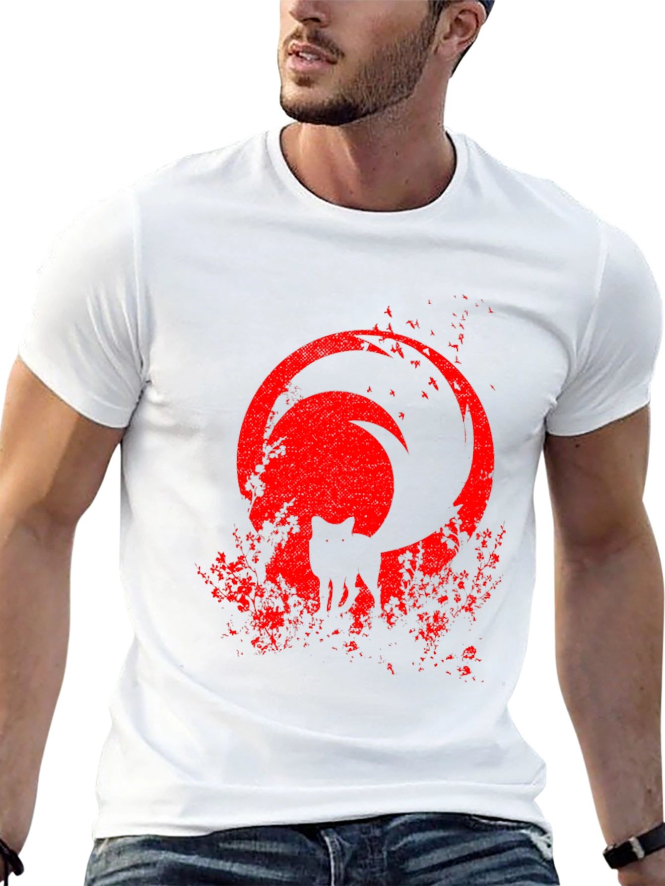 Black Wolf & Moon Graphic Tee - Black Cotton Blend T-Shirt view 13