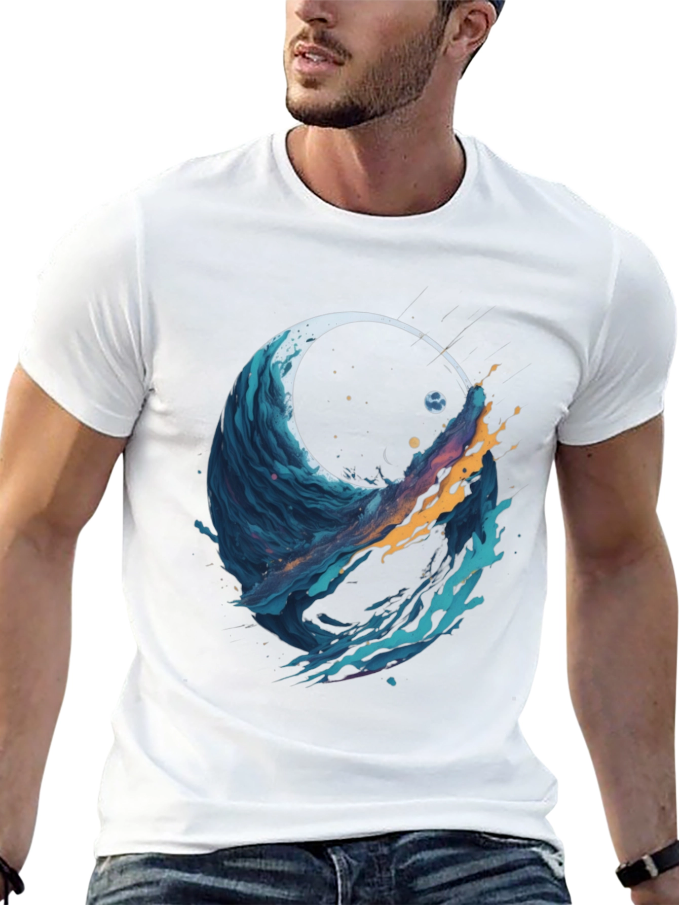 Black Abstract Wave Graphic Tee - Black Cotton Blend view 13