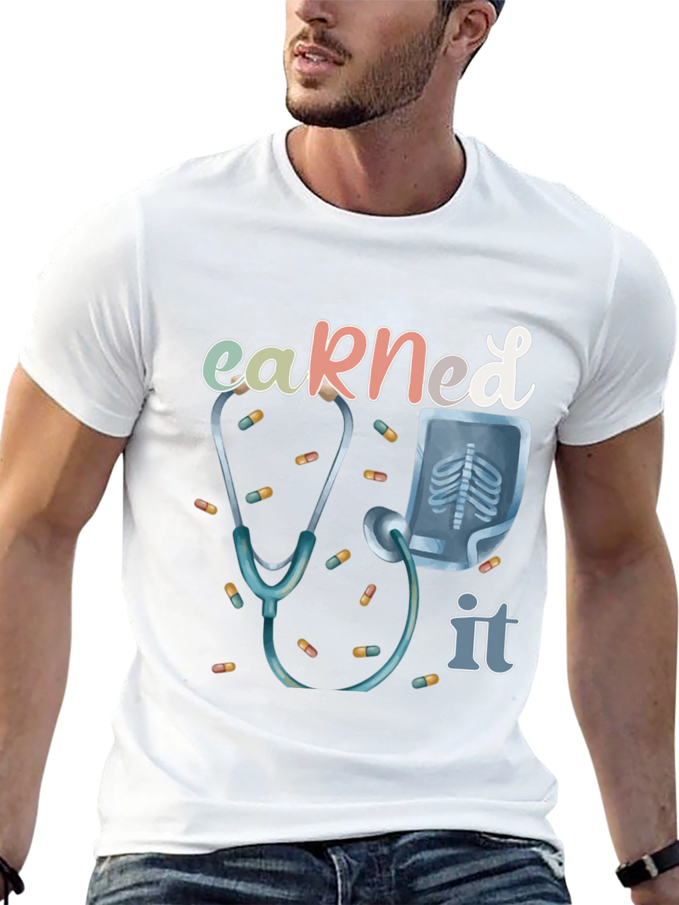 Black Earned It Doctor T-Shirt - Stethoscope & X-Ray Graphic view 13