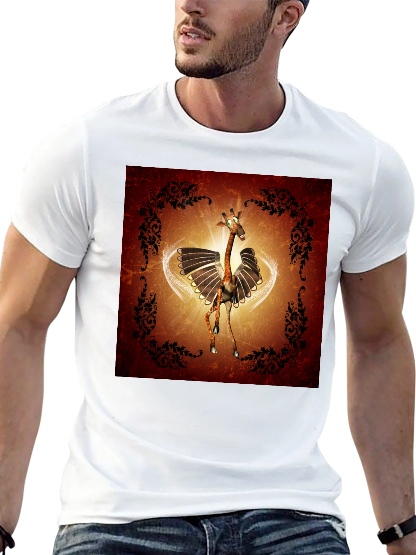 Black Whimsical Flying Giraffe Graphic Tee - Men's Black T-Shirt view 13